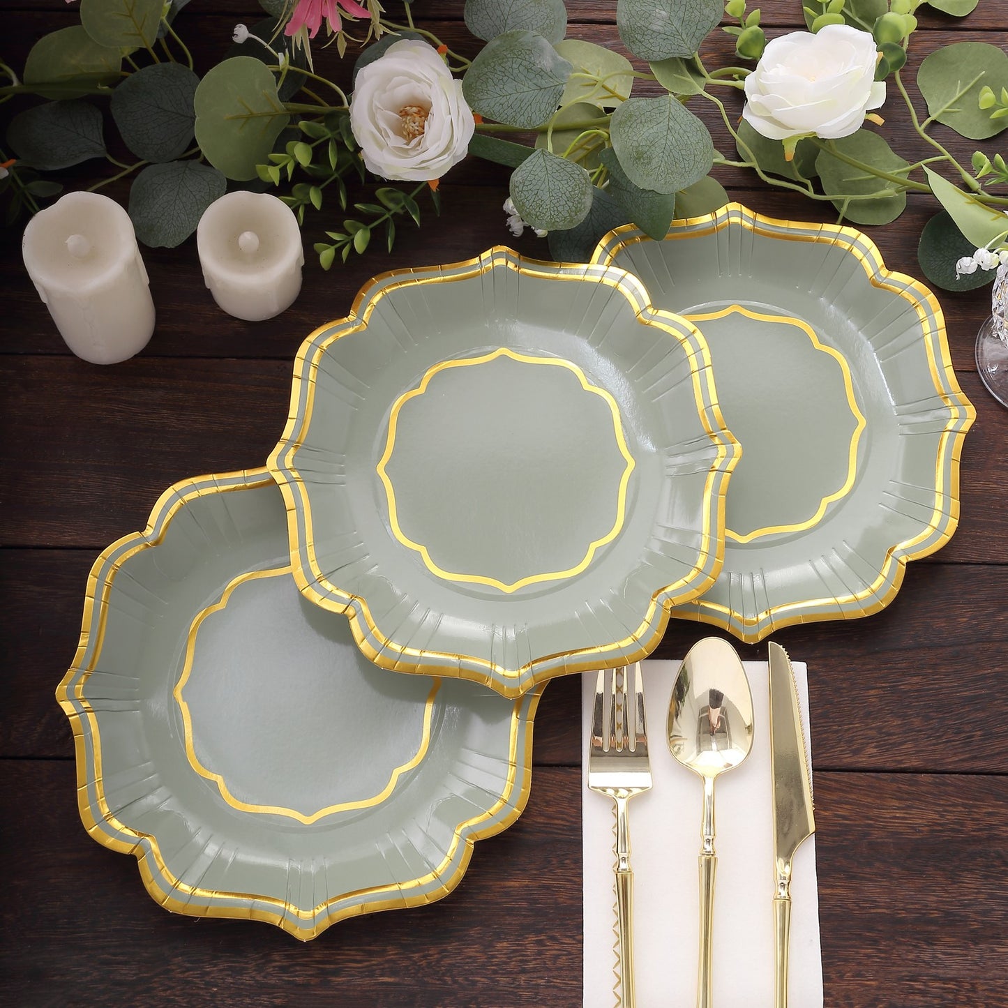 25 Pack Sage Green Disposable Salad Plates With Scalloped Gold Rim, 8" Disposable Appetizer Dessert Plates - 300 GSM