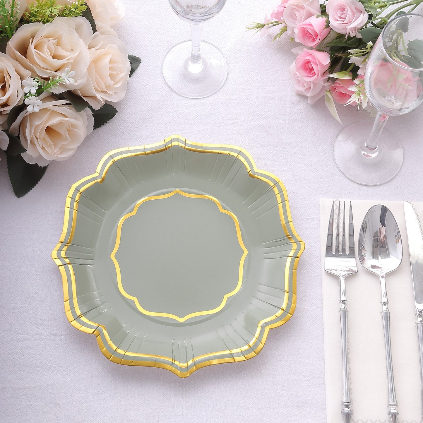 25 Pack Sage Green Disposable Salad Plates With Scalloped Gold Rim, 8" Disposable Appetizer Dessert Plates - 300 GSM