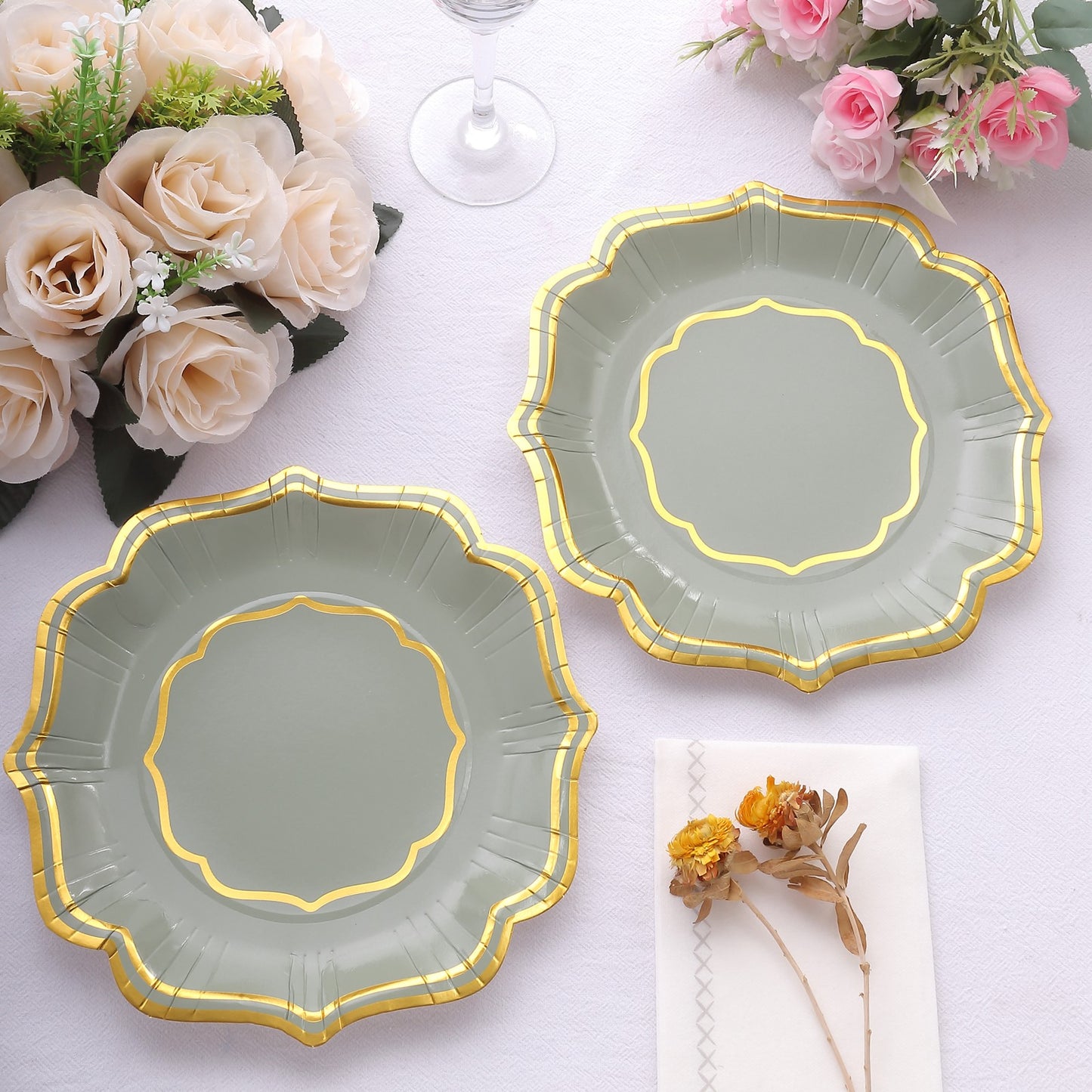 25 Pack Sage Green Disposable Salad Plates With Scalloped Gold Rim, 8" Disposable Appetizer Dessert Plates - 300 GSM