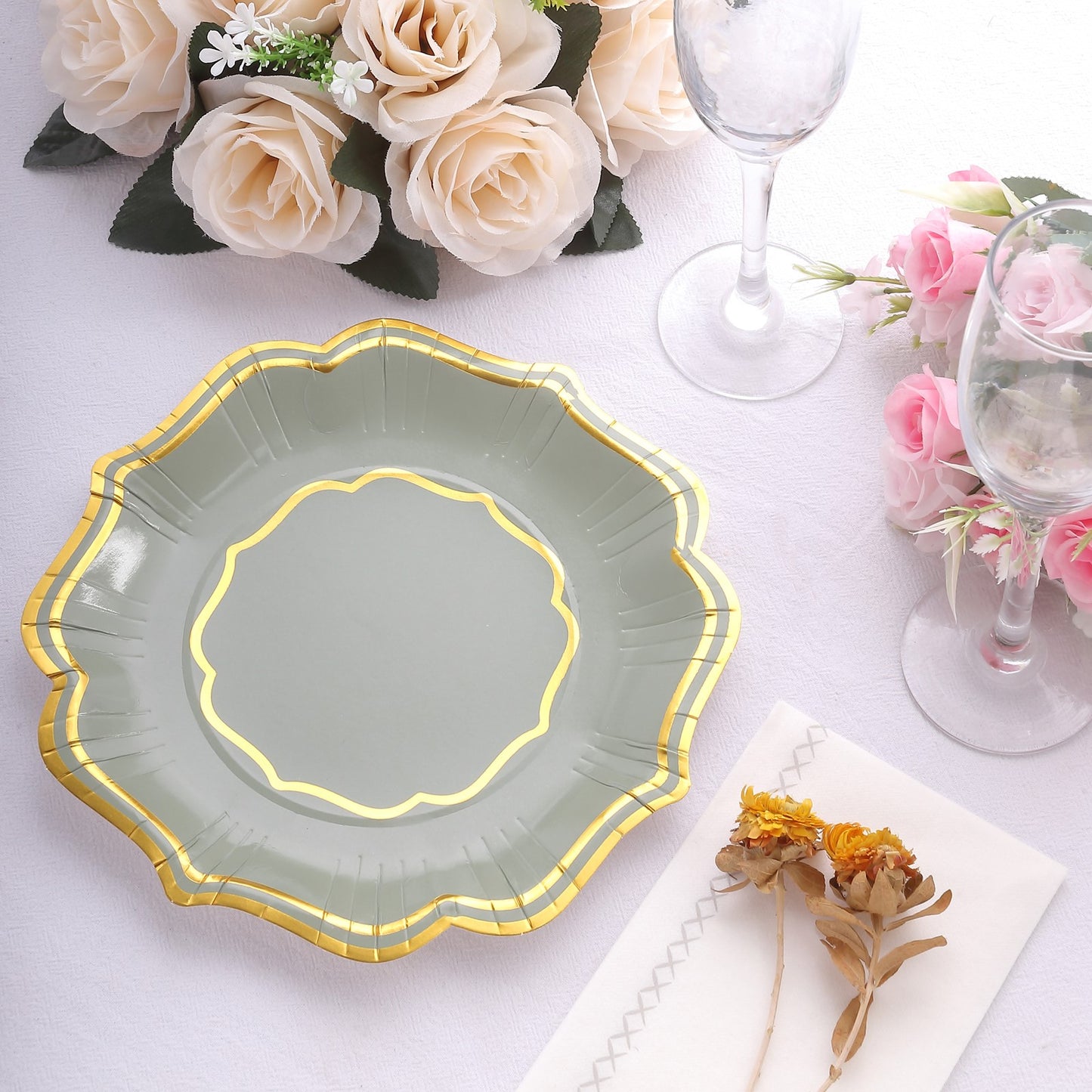 25 Pack Sage Green Disposable Salad Plates With Scalloped Gold Rim, 8" Disposable Appetizer Dessert Plates - 300 GSM