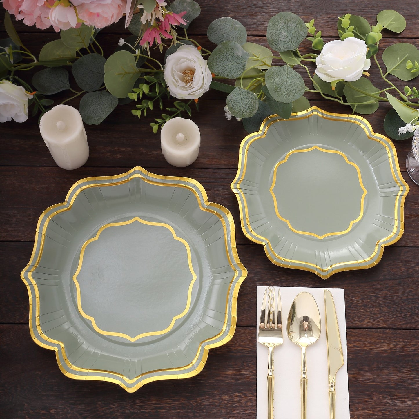 25 Pack Sage Green Disposable Salad Plates With Scalloped Gold Rim, 8" Disposable Appetizer Dessert Plates - 300 GSM