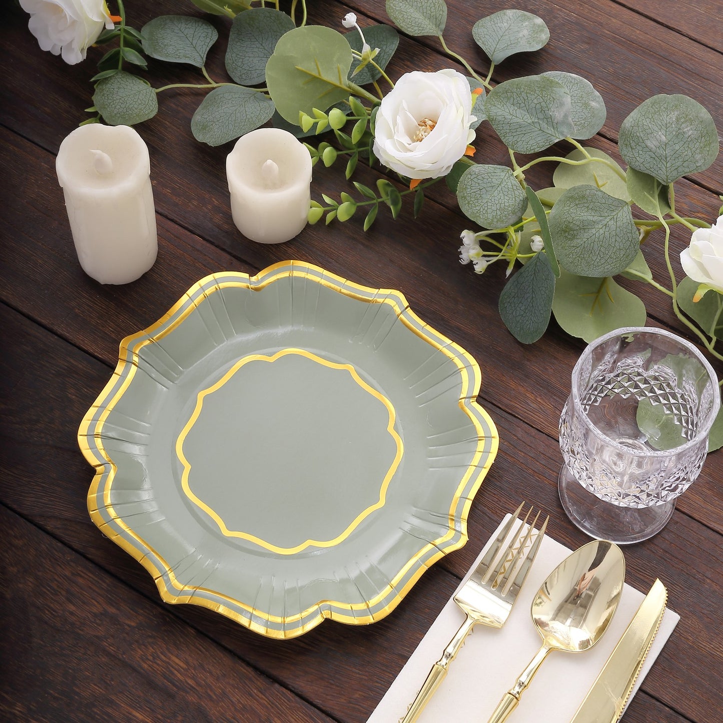 25 Pack Sage Green Disposable Salad Plates With Scalloped Gold Rim, 8" Disposable Appetizer Dessert Plates - 300 GSM