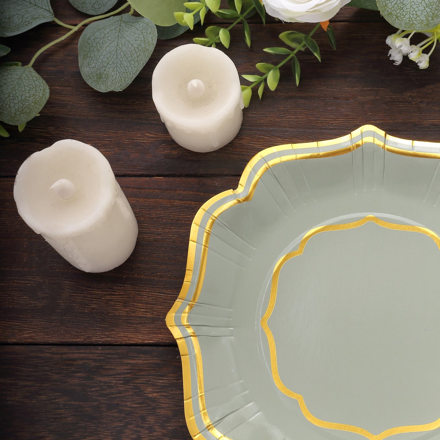 25 Pack Sage Green Disposable Salad Plates With Scalloped Gold Rim, 8" Disposable Appetizer Dessert Plates - 300 GSM