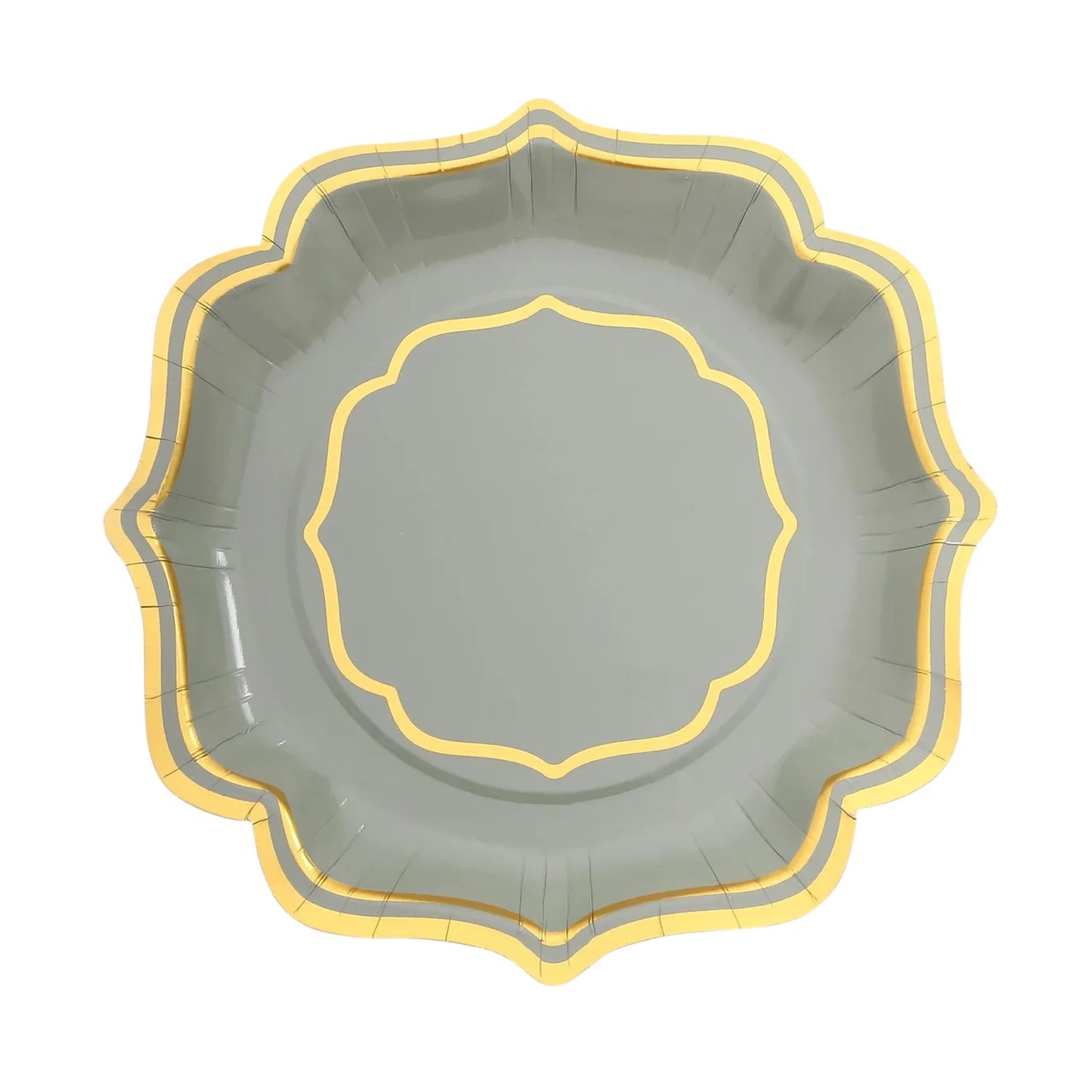 25 Pack Sage Green Disposable Salad Plates With Scalloped Gold Rim, 8" Disposable Appetizer Dessert Plates - 300 GSM