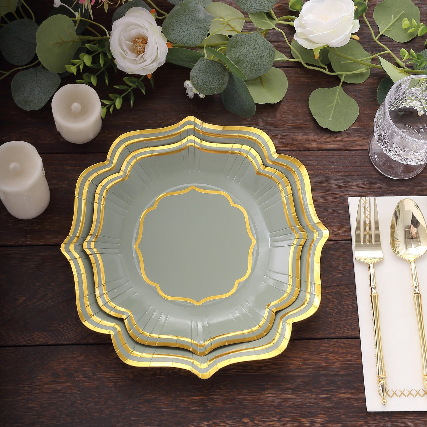 25 Pack Sage Green Disposable Salad Plates With Scalloped Gold Rim, 8" Disposable Appetizer Dessert Plates - 300 GSM