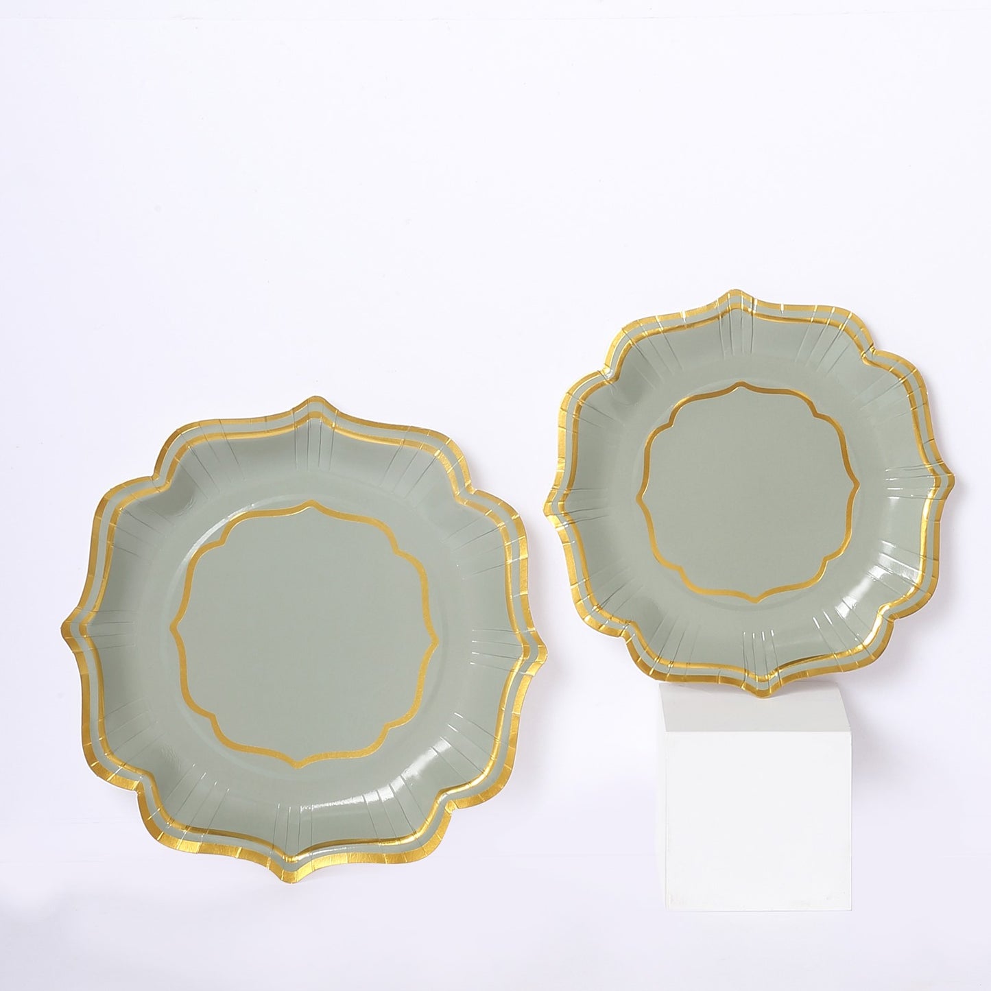 25 Pack Sage Green Disposable Salad Plates With Scalloped Gold Rim, 8" Disposable Appetizer Dessert Plates - 300 GSM