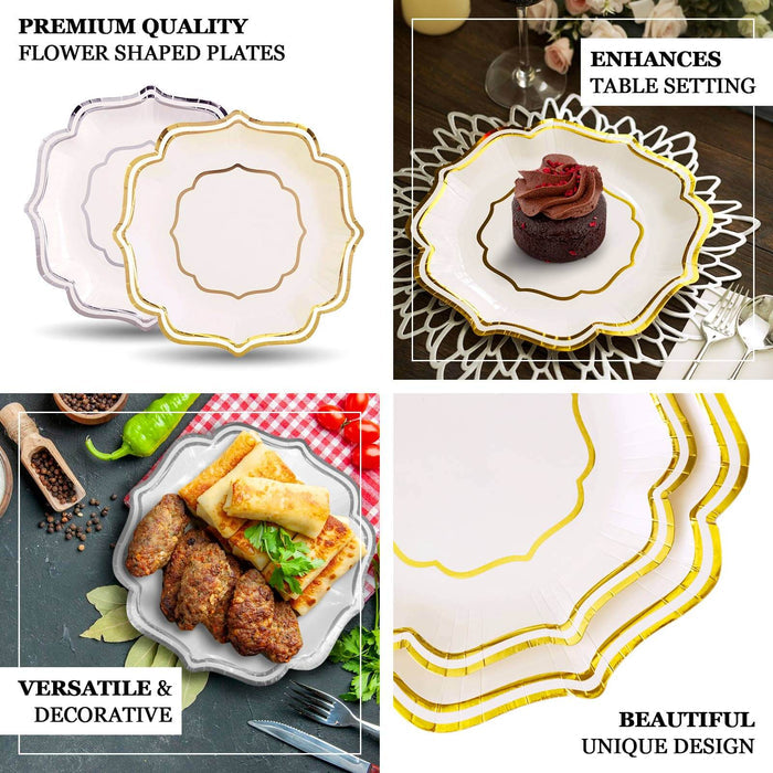 25 Pack | White/Gold 8" Scallop Rim Dessert Party Paper Plates, Disposable Appetizer Salad Plates - 300 GSM