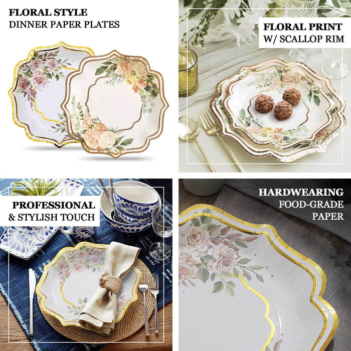 25 Pack | 8" White / Gold Floral Scallop Rim Dessert Paper Plates, Disposable Appetizer Salad Party Plates - 300 GSM