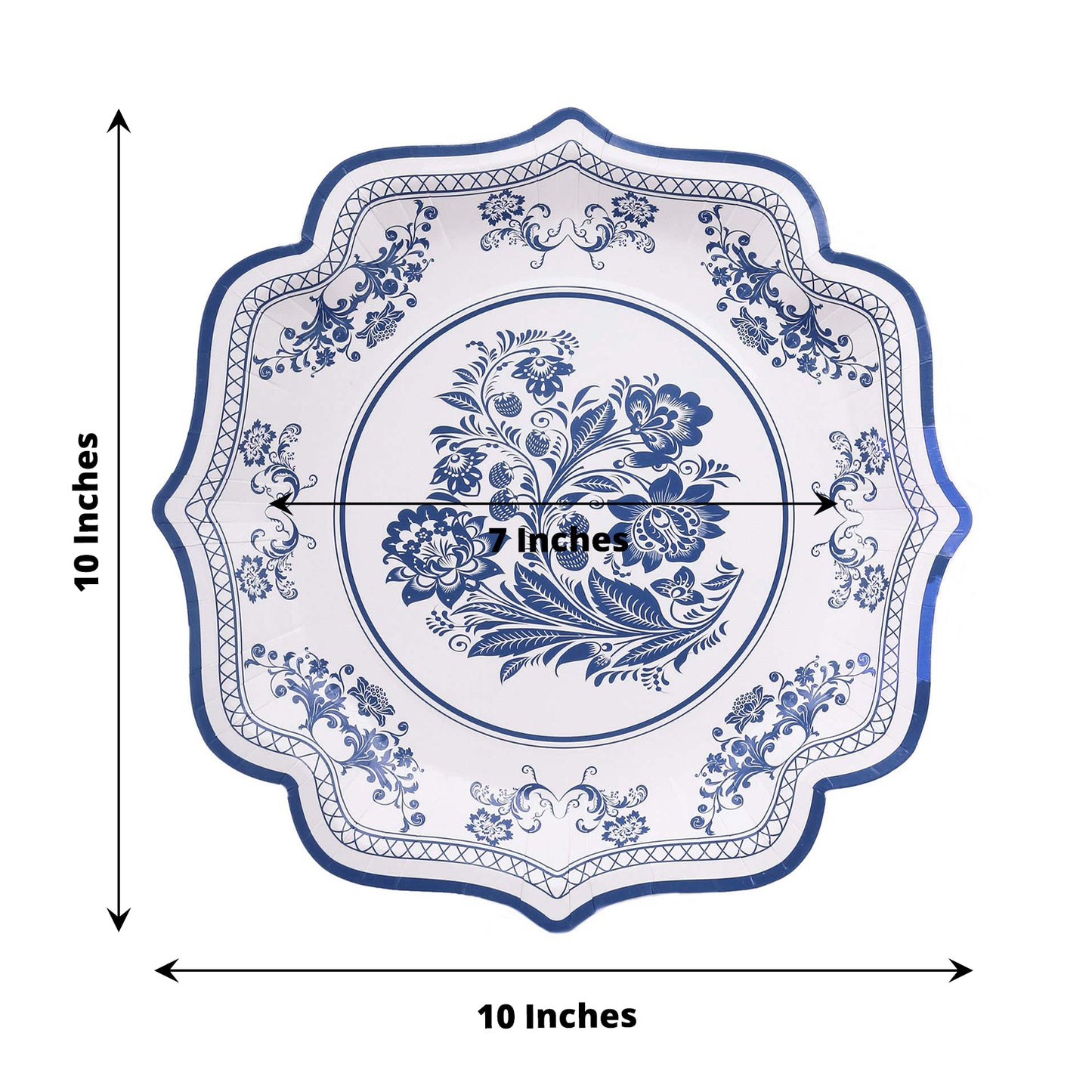 25 Pack White Light Blue Disposable Party Plates in French Toile Floral Pattern, 10" Paper Dinner Plates with Scalloped Rims - 300 GSM