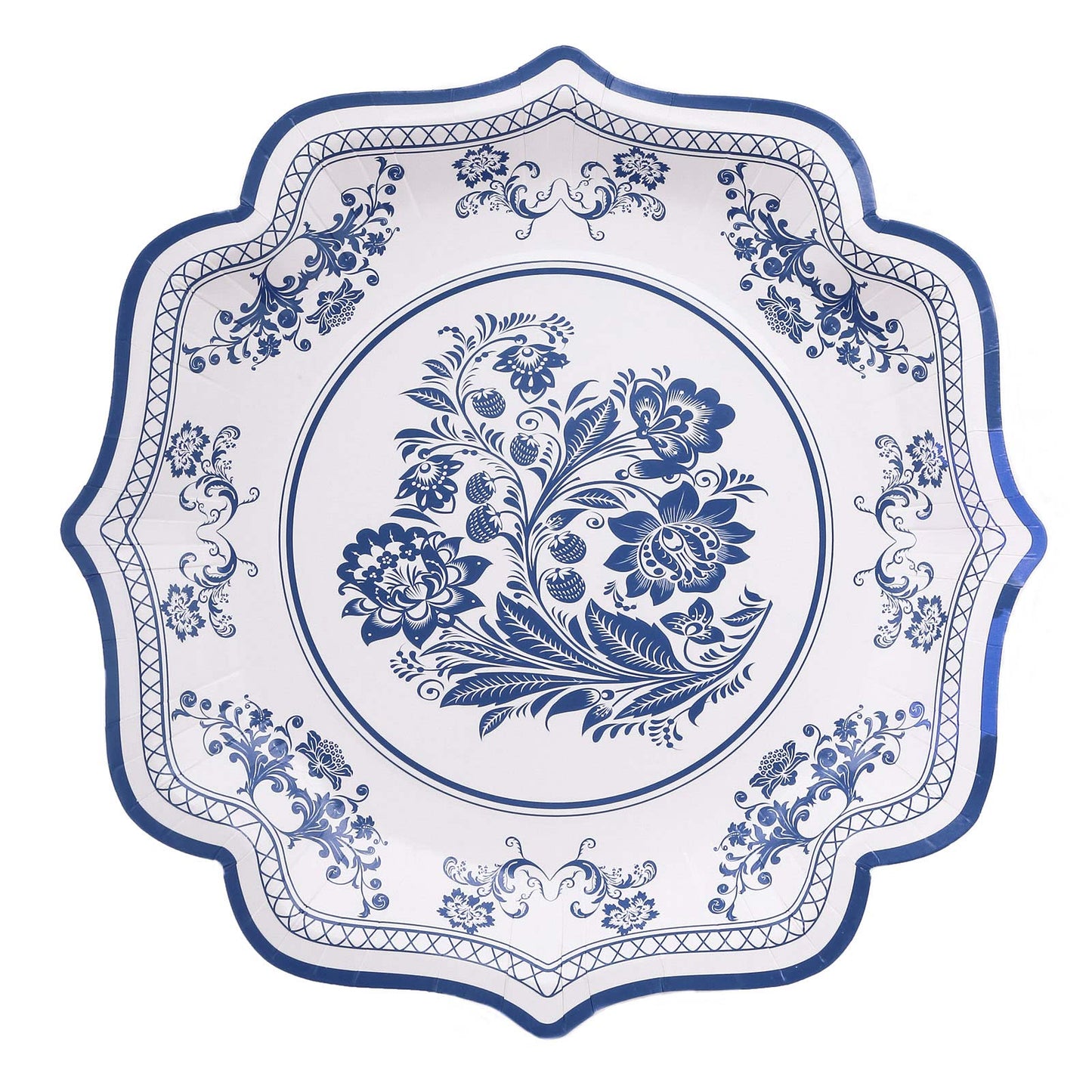 25 Pack White Light Blue Disposable Party Plates in French Toile Floral Pattern, 10" Paper Dinner Plates with Scalloped Rims - 300 GSM