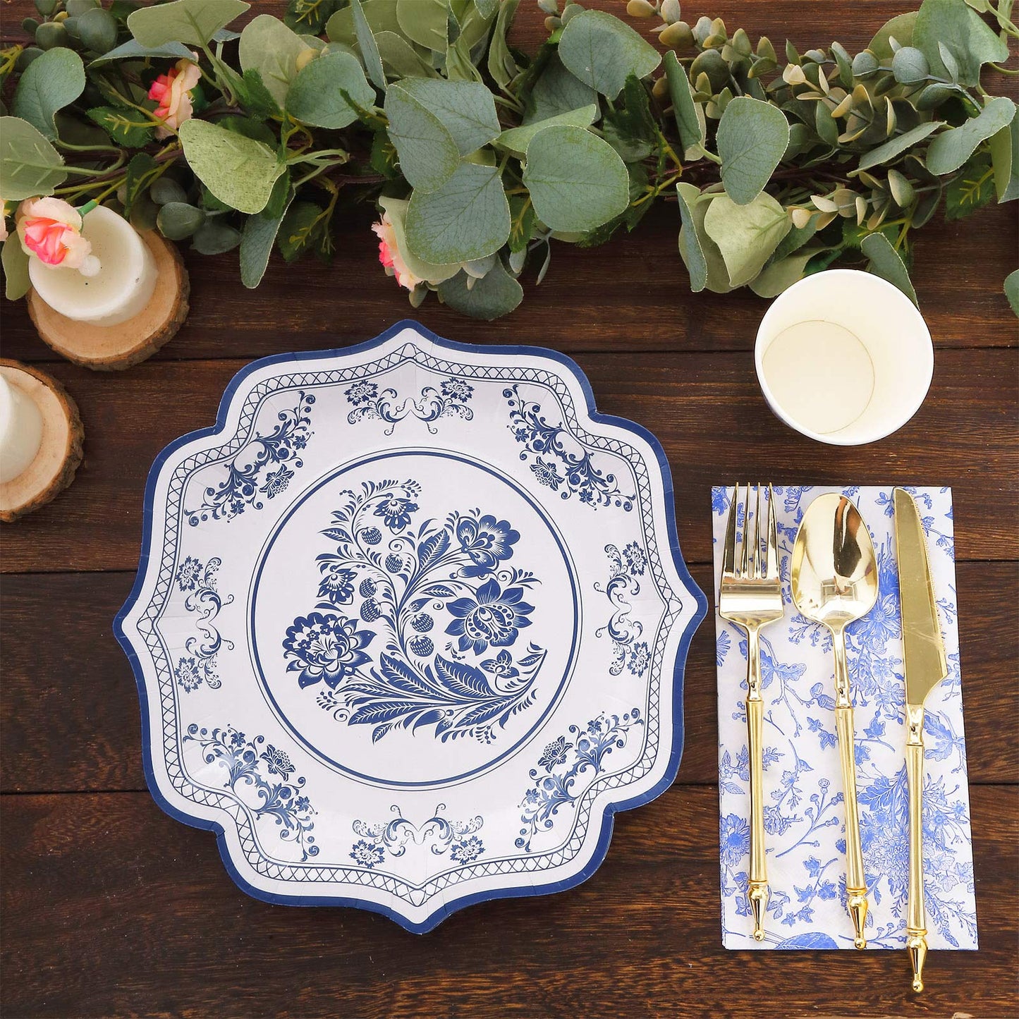 25 Pack White Light Blue Disposable Party Plates in French Toile Floral Pattern, 10" Paper Dinner Plates with Scalloped Rims - 300 GSM