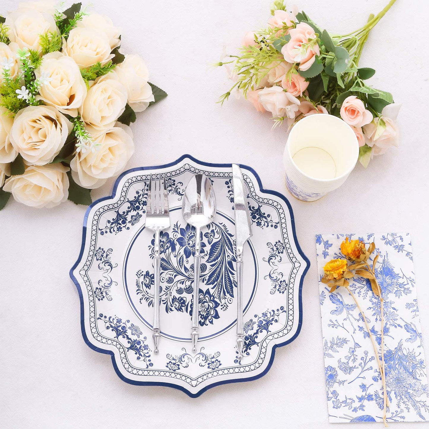 25 Pack White Light Blue Disposable Party Plates in French Toile Floral Pattern, 10" Paper Dinner Plates with Scalloped Rims - 300 GSM