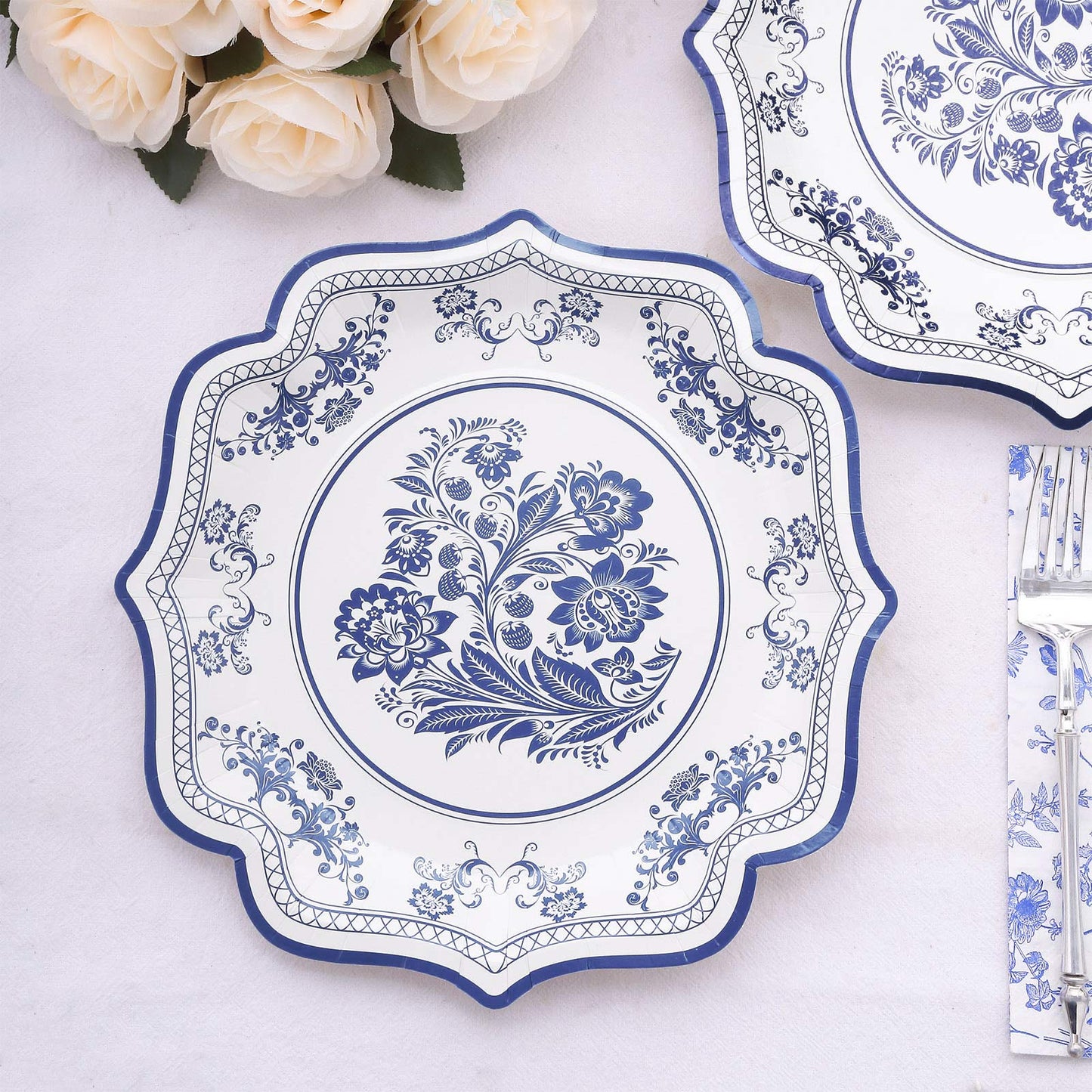 25 Pack White Light Blue Disposable Party Plates in French Toile Floral Pattern, 10" Paper Dinner Plates with Scalloped Rims - 300 GSM