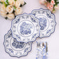 25-Pack Paper Dinner Plates in White Light Blue Damask Floral Print & Scallop Rim - Stylish Disposable 300GSM Floral Party Plates 10"