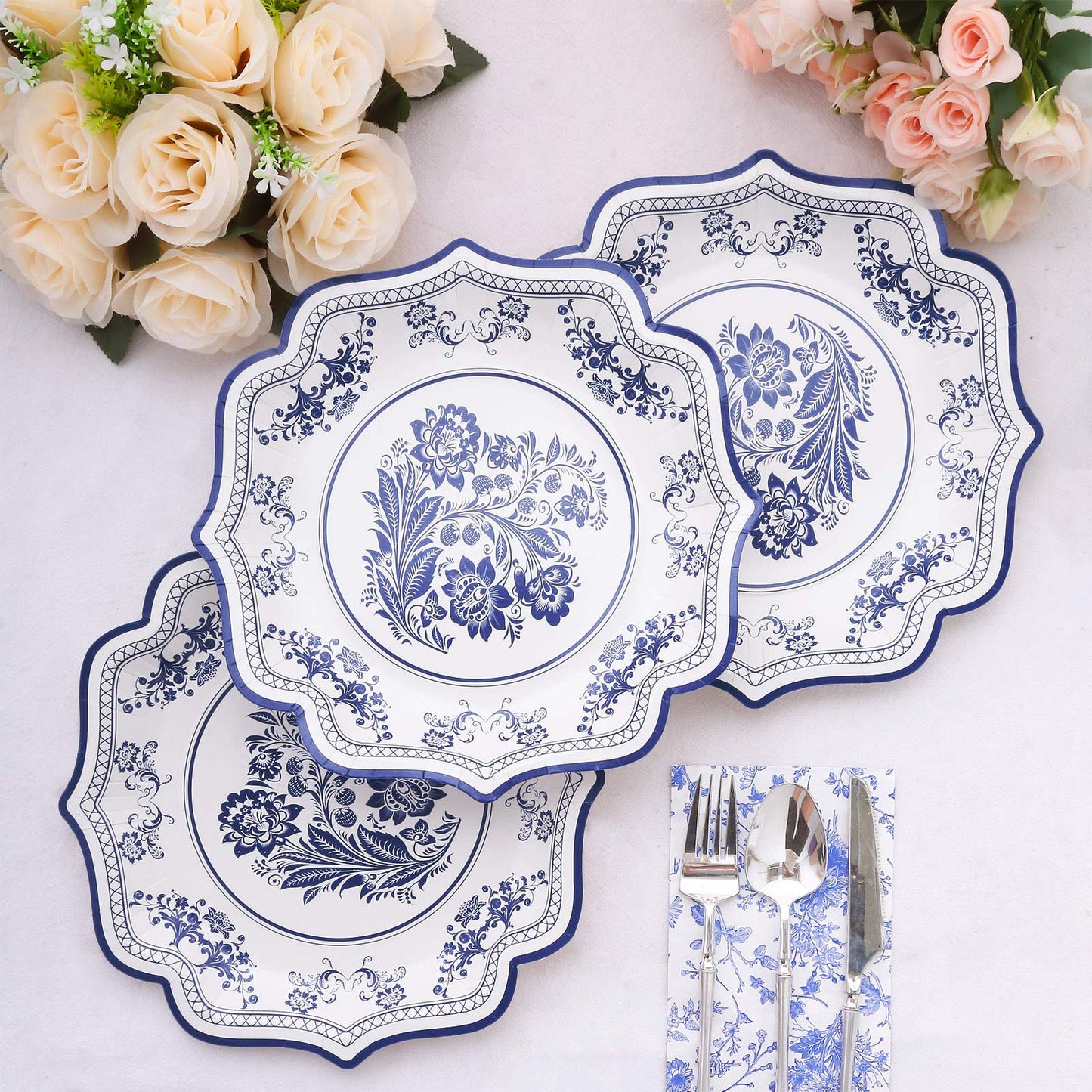 25 Pack White Light Blue Disposable Party Plates in French Toile Floral Pattern, 10" Paper Dinner Plates with Scalloped Rims - 300 GSM