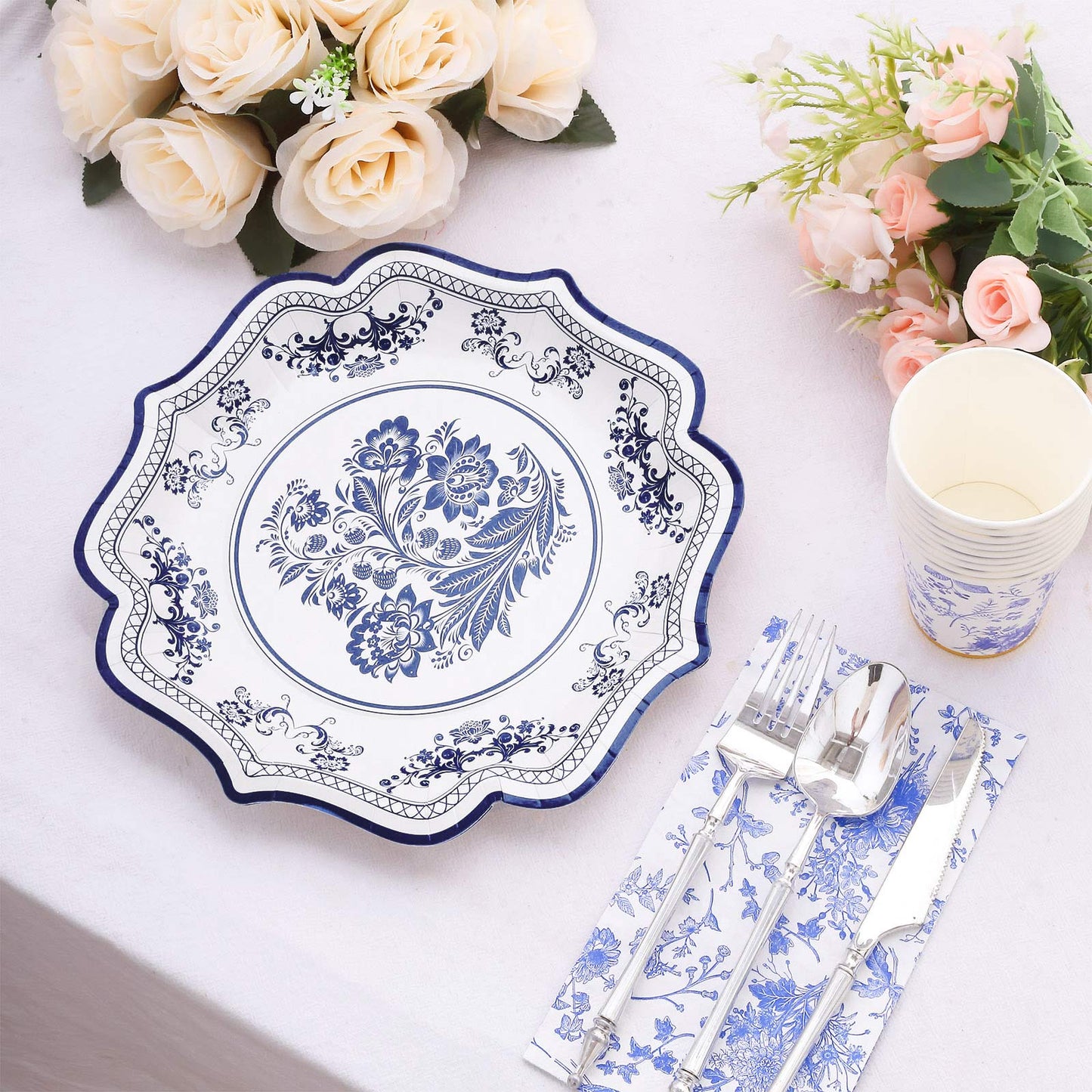 25 Pack White Light Blue Disposable Party Plates in French Toile Floral Pattern, 10" Paper Dinner Plates with Scalloped Rims - 300 GSM