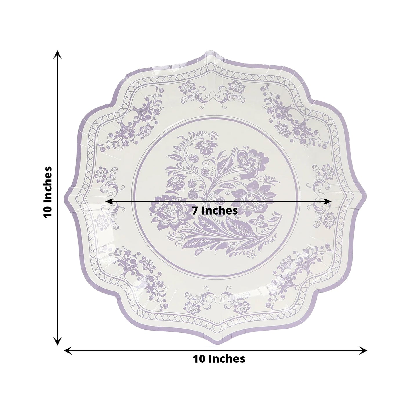 25 Pack White Lavender Lilac Disposable Party Plates in French Toile Floral Pattern, 10" Paper Dinner Plates with Scalloped Rims - 300 GSM