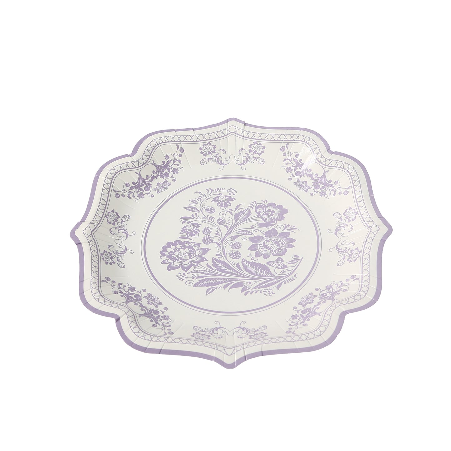 25 Pack White Lavender Lilac Disposable Party Plates in French Toile Floral Pattern, 10" Paper Dinner Plates with Scalloped Rims - 300 GSM