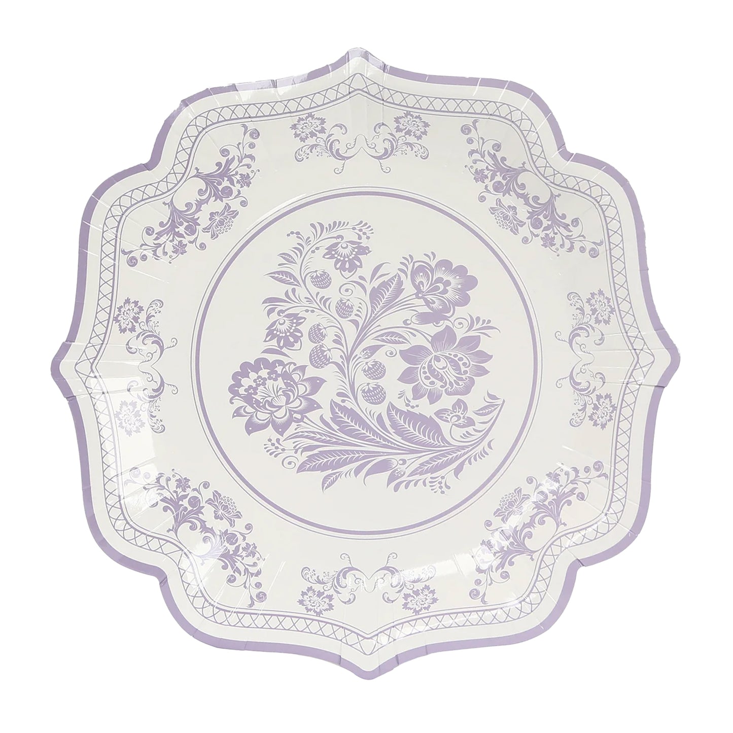 25 Pack White Lavender Lilac Disposable Party Plates in French Toile Floral Pattern, 10" Paper Dinner Plates with Scalloped Rims - 300 GSM