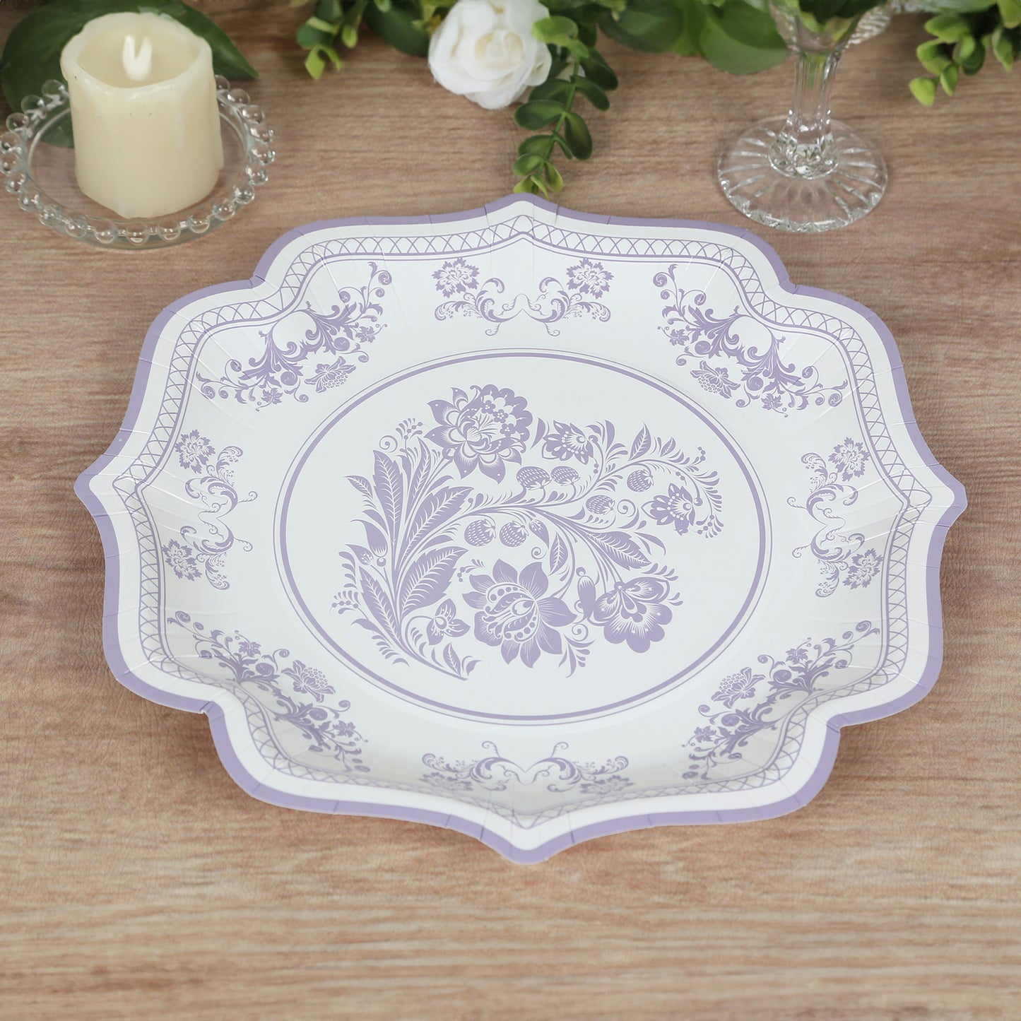 25 Pack White Lavender Lilac Disposable Party Plates in French Toile Floral Pattern, 10" Paper Dinner Plates with Scalloped Rims - 300 GSM