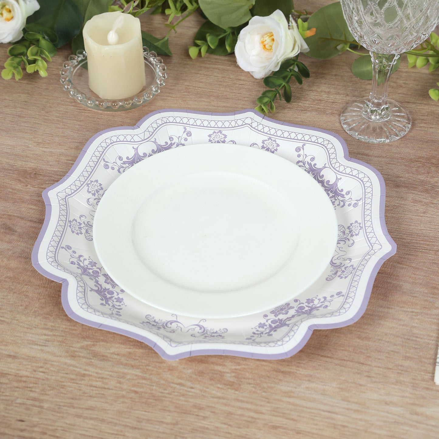 25 Pack White Lavender Lilac Disposable Party Plates in French Toile Floral Pattern, 10" Paper Dinner Plates with Scalloped Rims - 300 GSM