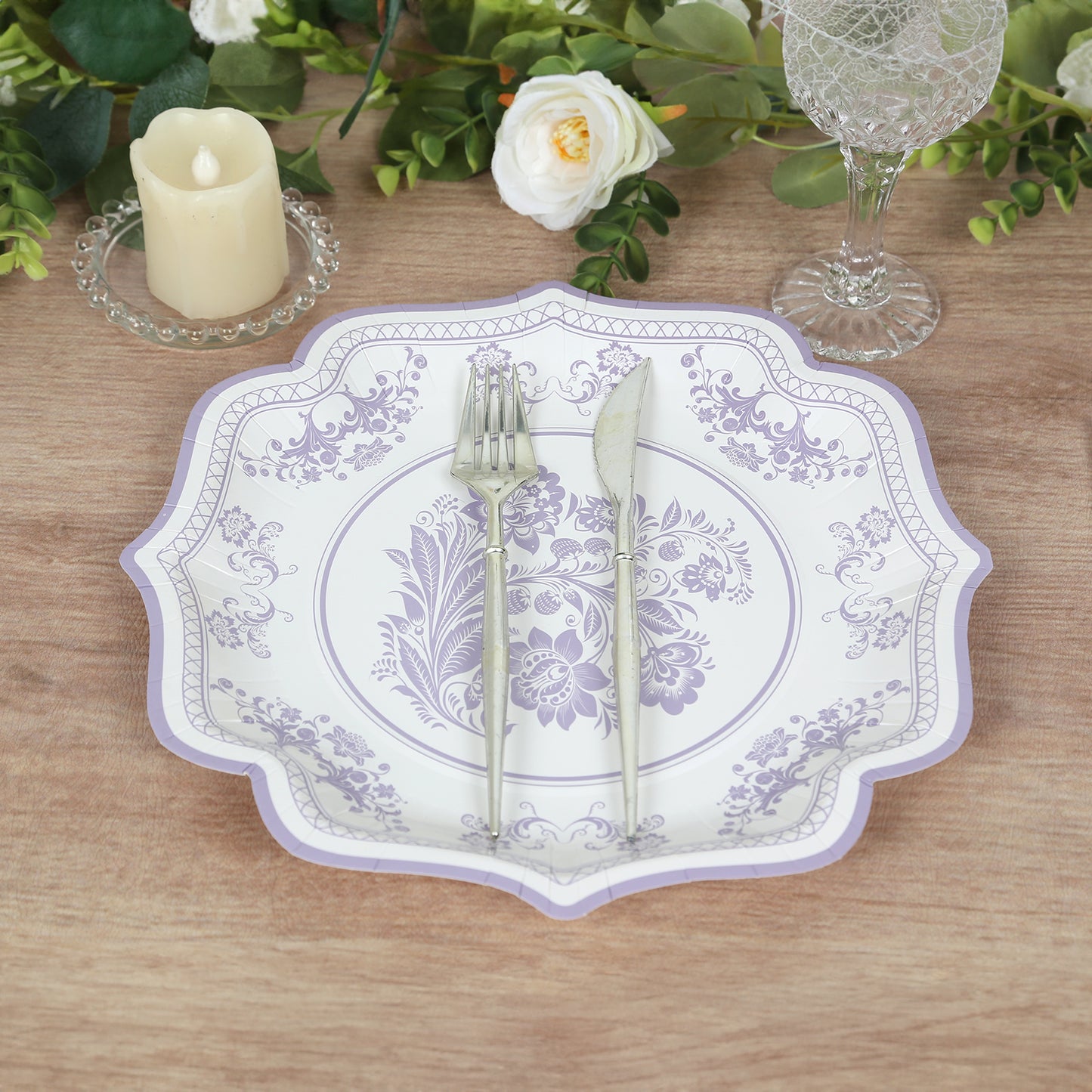 25 Pack White Lavender Lilac Disposable Party Plates in French Toile Floral Pattern, 10" Paper Dinner Plates with Scalloped Rims - 300 GSM