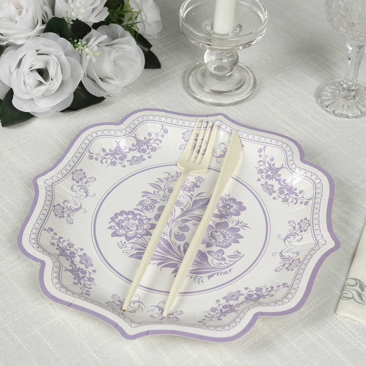 25 Pack White Lavender Lilac Disposable Party Plates in French Toile Floral Pattern, 10" Paper Dinner Plates with Scalloped Rims - 300 GSM