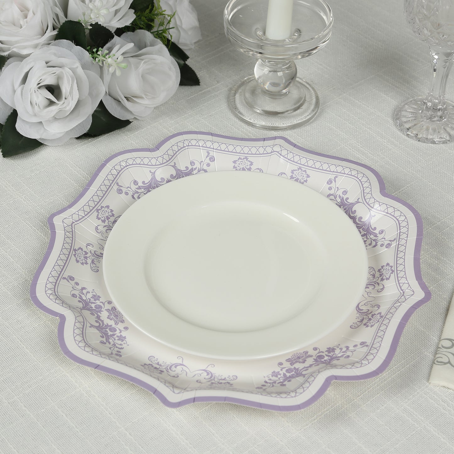 25 Pack White Lavender Lilac Disposable Party Plates in French Toile Floral Pattern, 10" Paper Dinner Plates with Scalloped Rims - 300 GSM