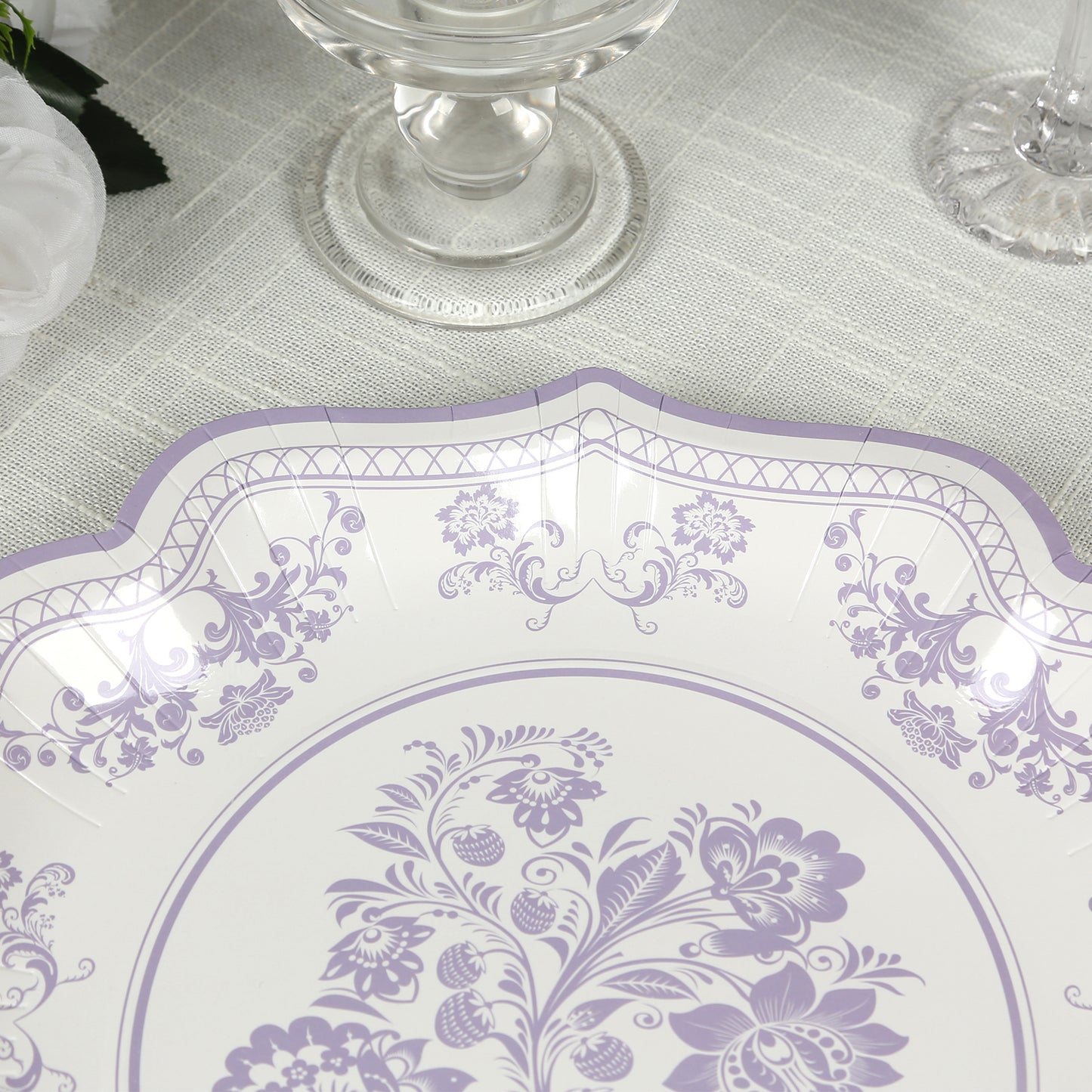 25 Pack White Lavender Lilac Disposable Party Plates in French Toile Floral Pattern, 10" Paper Dinner Plates with Scalloped Rims - 300 GSM