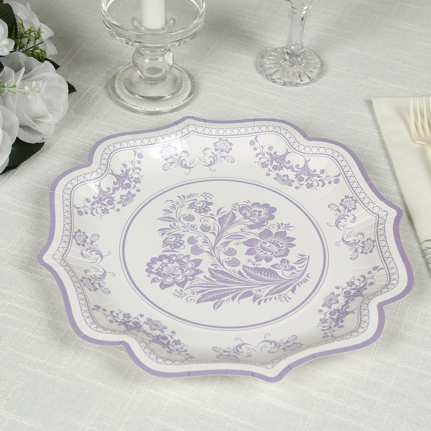 25 Pack White Lavender Lilac Disposable Party Plates in French Toile Floral Pattern, 10" Paper Dinner Plates with Scalloped Rims - 300 GSM