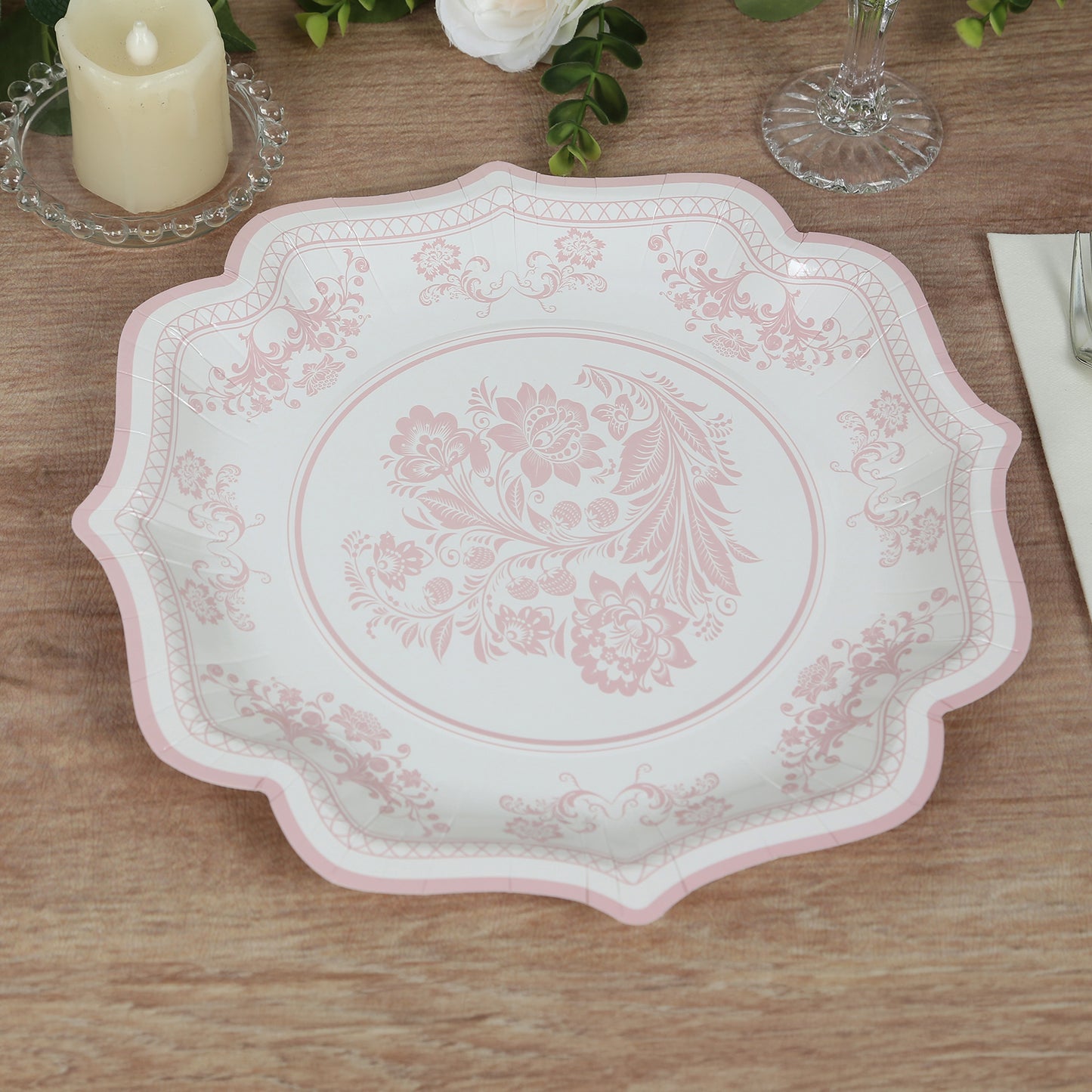 25 Pack White Pink Disposable Salad Plates in French Toile Floral Pattern, 8" Round Appetizer Dessert Paper Plates with Scalloped Rims - 300 GSM