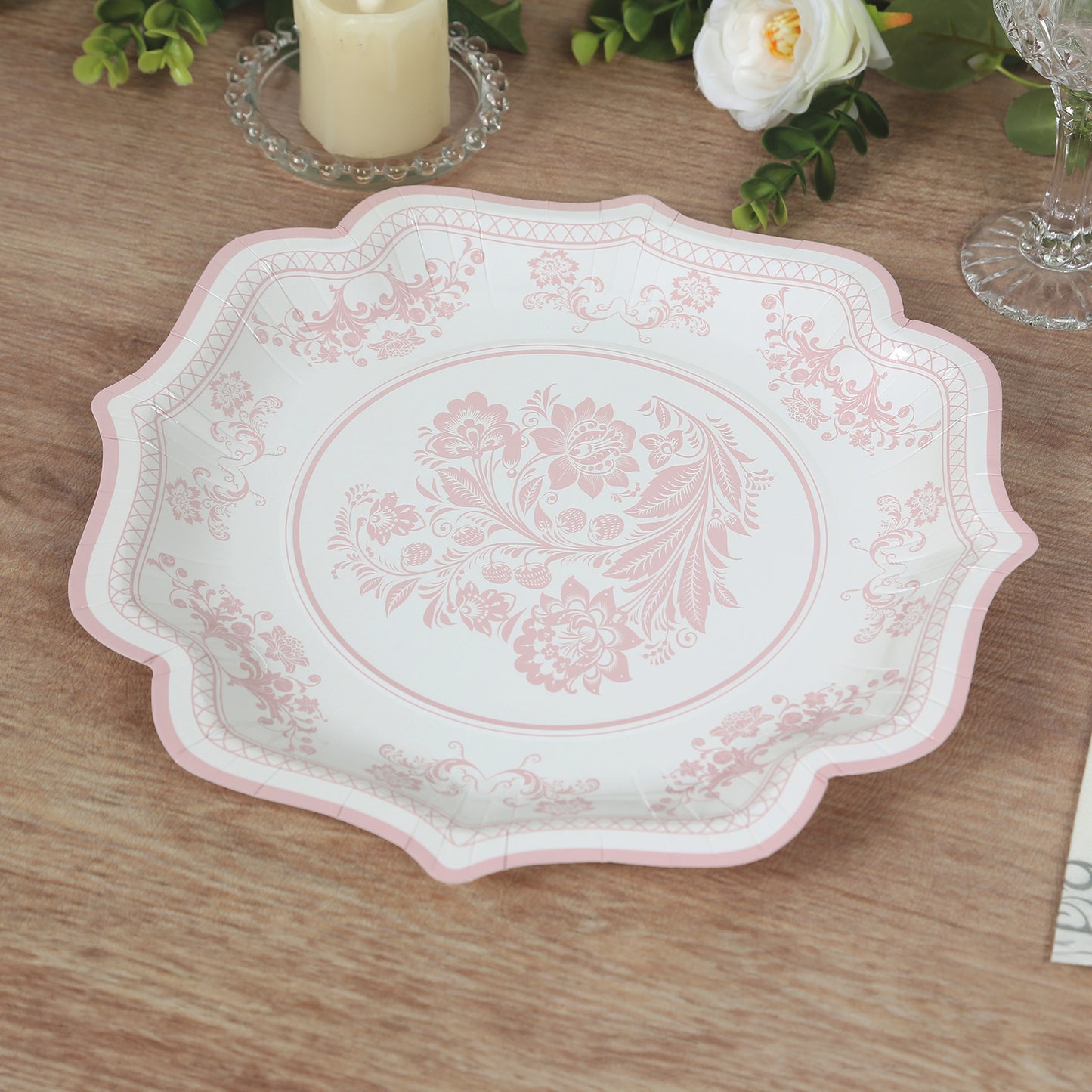 25 Pack White Pink Disposable Salad Plates in French Toile Floral Pattern, 8" Round Appetizer Dessert Paper Plates with Scalloped Rims - 300 GSM