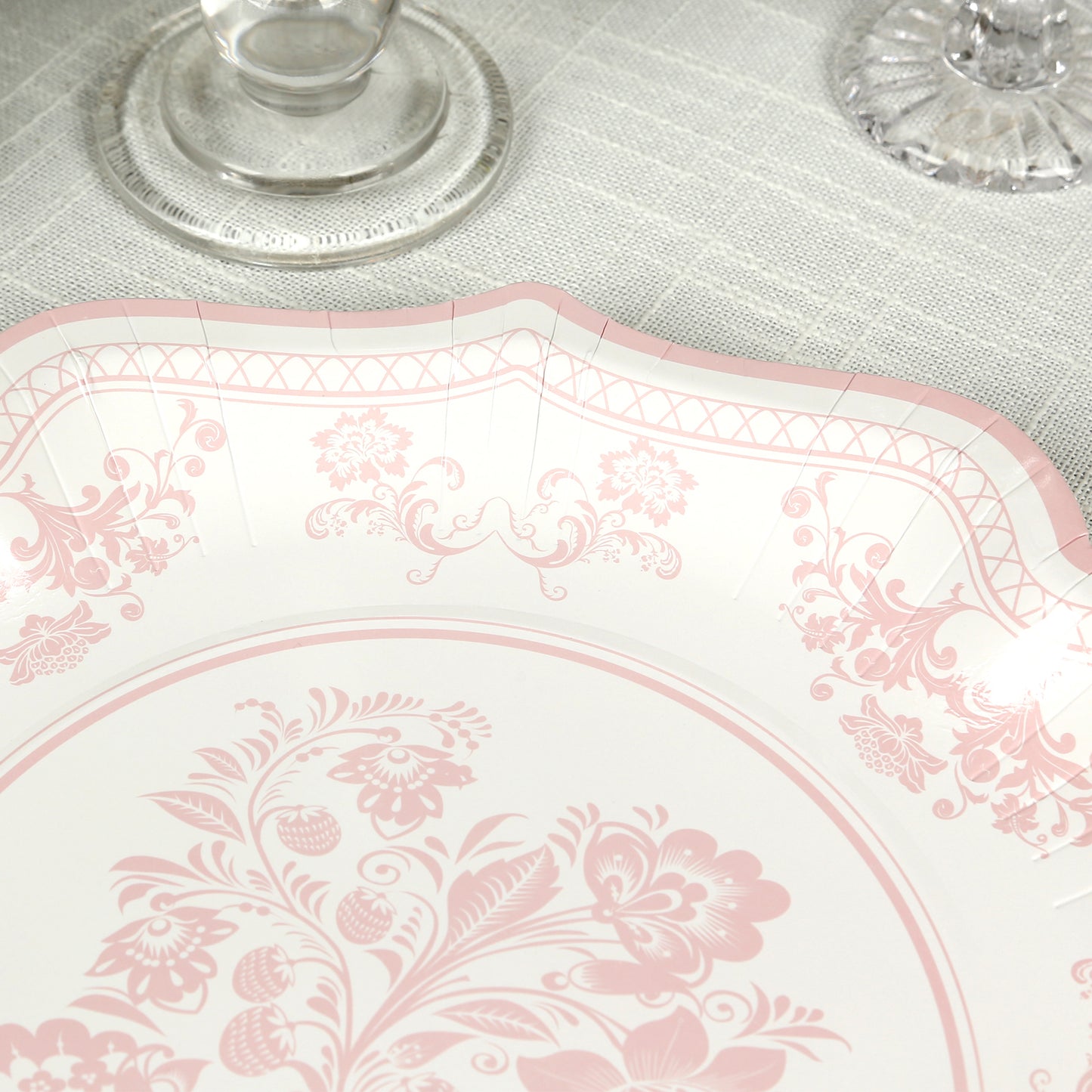 25 Pack White Pink Disposable Salad Plates in French Toile Floral Pattern, 8" Round Appetizer Dessert Paper Plates with Scalloped Rims - 300 GSM