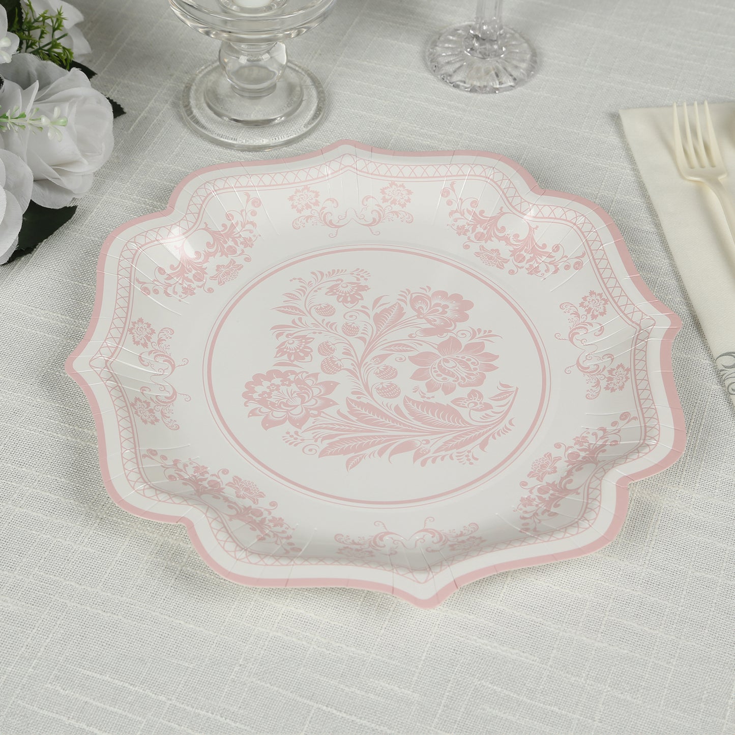 25 Pack White Pink Disposable Salad Plates in French Toile Floral Pattern, 8" Round Appetizer Dessert Paper Plates with Scalloped Rims - 300 GSM