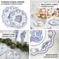 White and royal blue damask floral disposable dessert plates, 8-inch size.