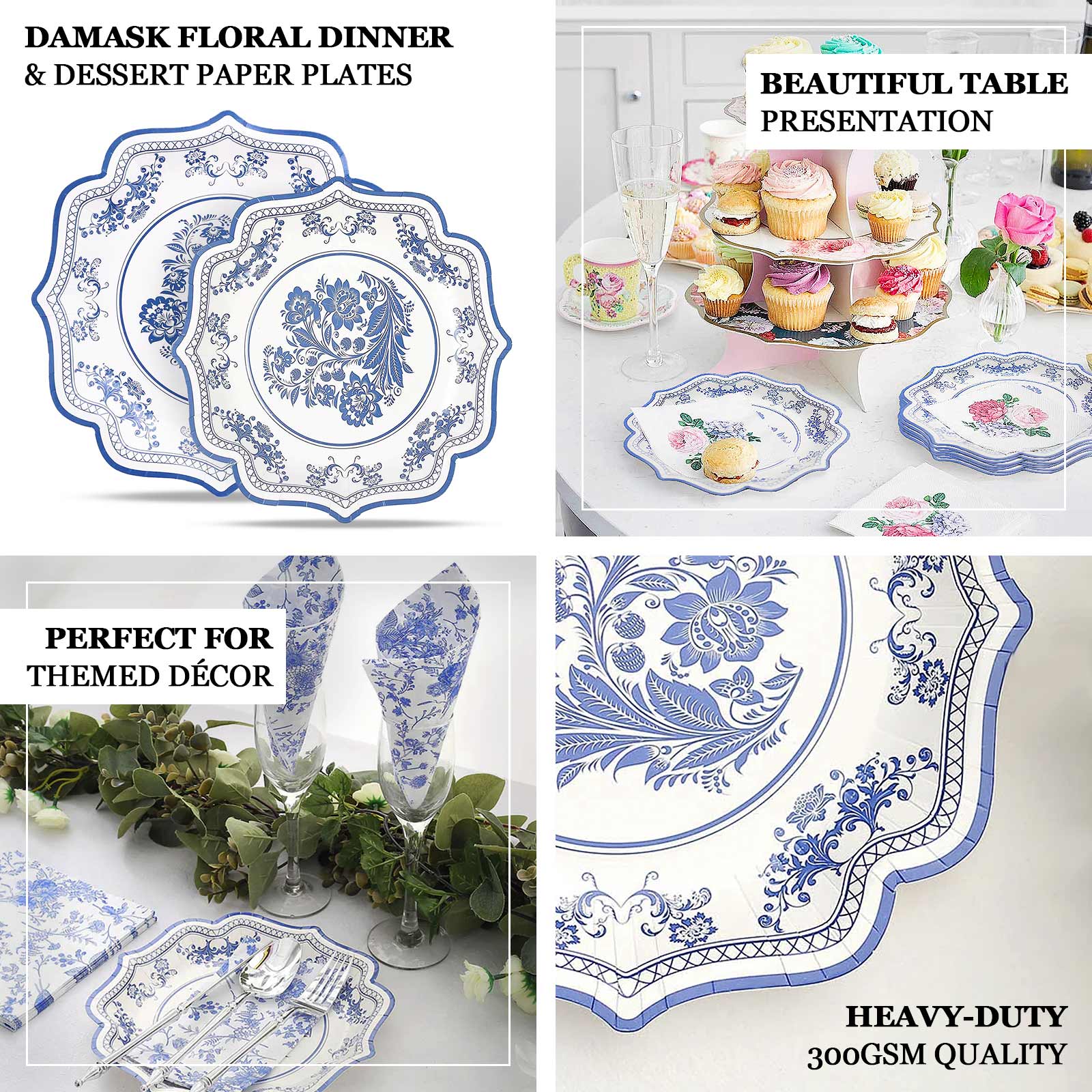 White and light blue damask floral print disposable dinner plates.