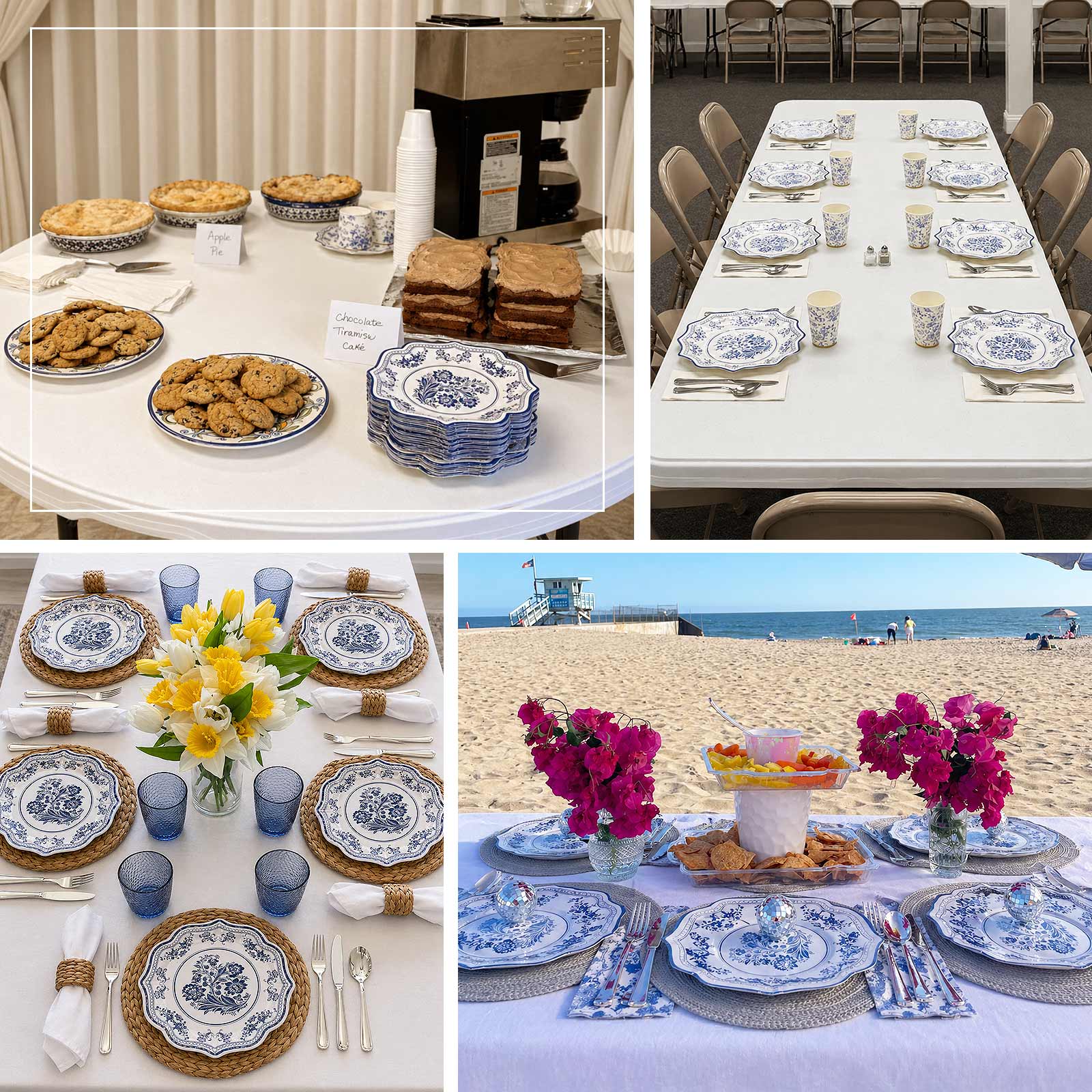 White and Royal Blue Floral Pattern Disposable Dessert Plates on a Table Setting