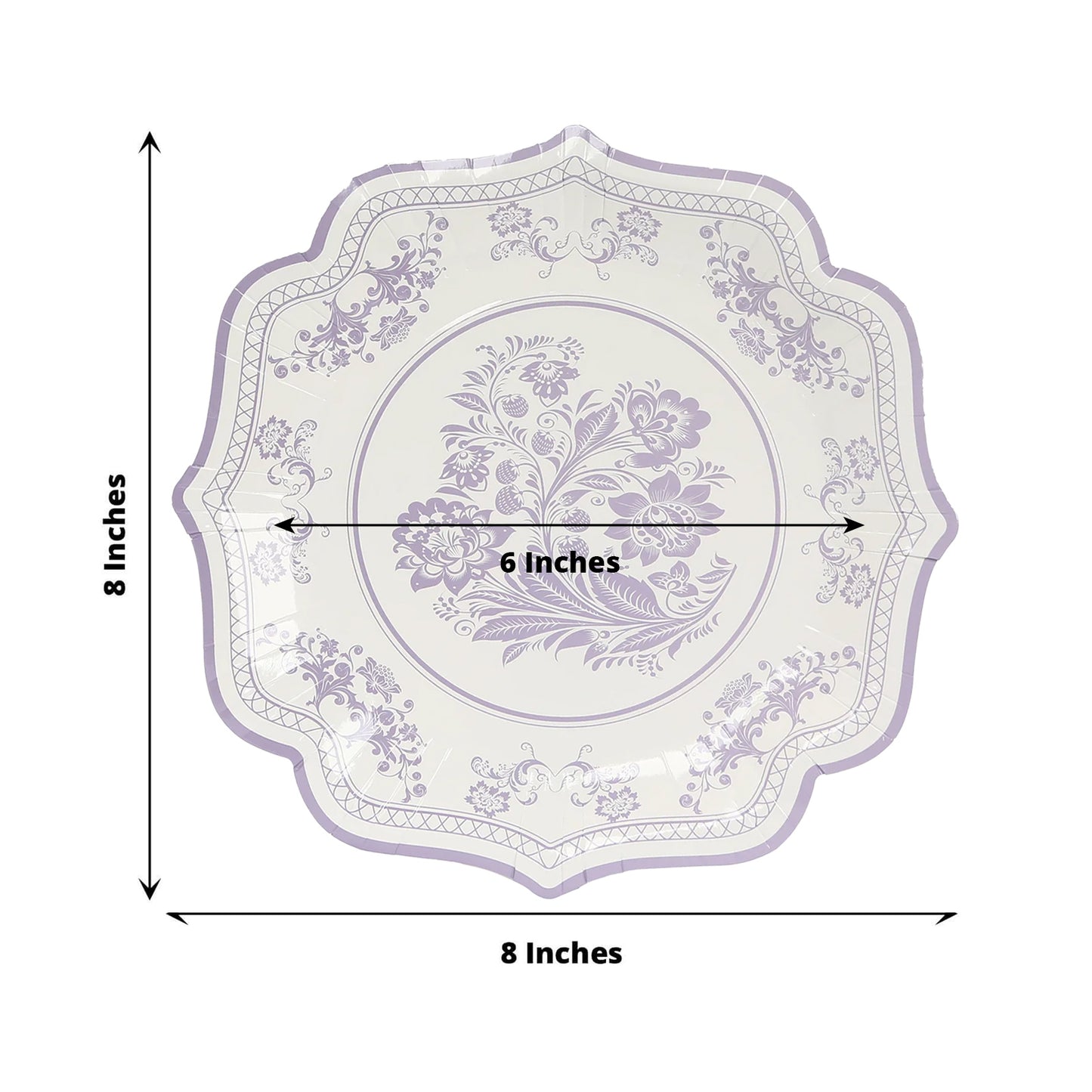 25 Pack White Lavender Lilac Disposable Salad Plates in French Toile Floral Pattern, 8" Round Appetizer Dessert Paper Plates with Scalloped Rims - 300 GSM