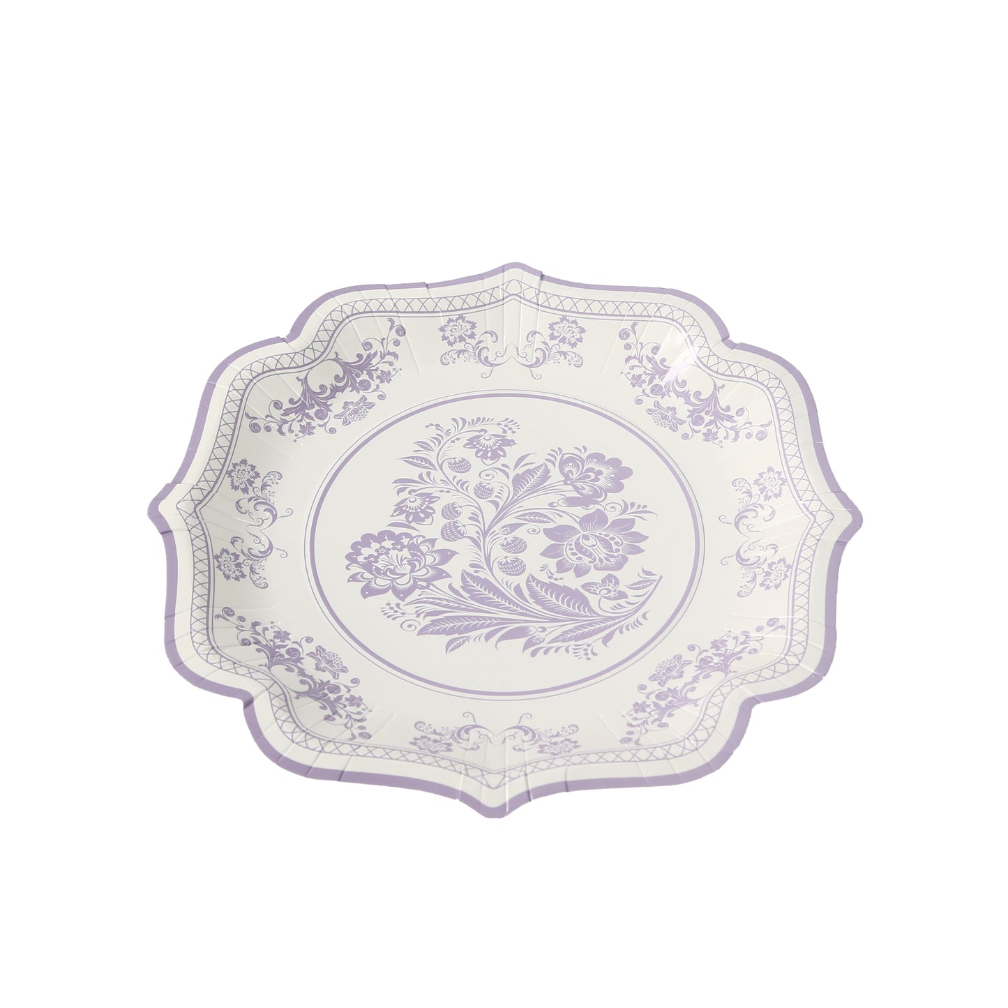 25 Pack White Lavender Lilac Disposable Salad Plates in French Toile Floral Pattern, 8" Round Appetizer Dessert Paper Plates with Scalloped Rims - 300 GSM