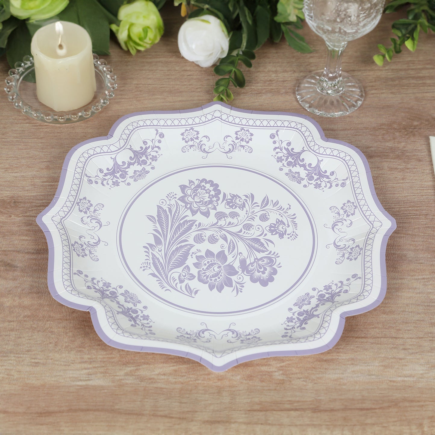 25 Pack White Lavender Lilac Disposable Salad Plates in French Toile Floral Pattern, 8" Round Appetizer Dessert Paper Plates with Scalloped Rims - 300 GSM