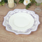 25 Pack White Lavender Lilac Disposable Salad Plates in Damask Floral Pattern, 8" Round Appetizer Dessert Paper Plates with Scalloped Rims - 300 GSM