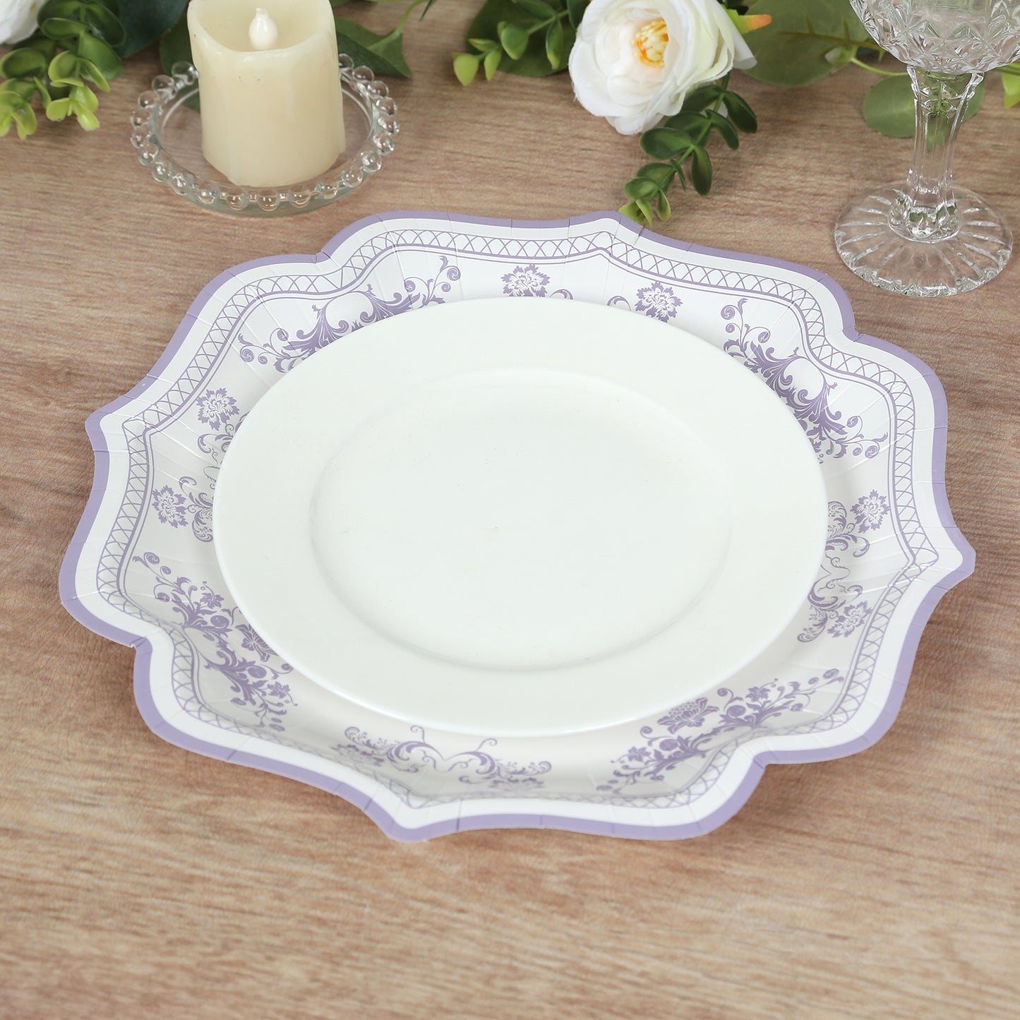 25 Pack White Lavender Lilac Disposable Salad Plates in French Toile Floral Pattern, 8" Round Appetizer Dessert Paper Plates with Scalloped Rims - 300 GSM