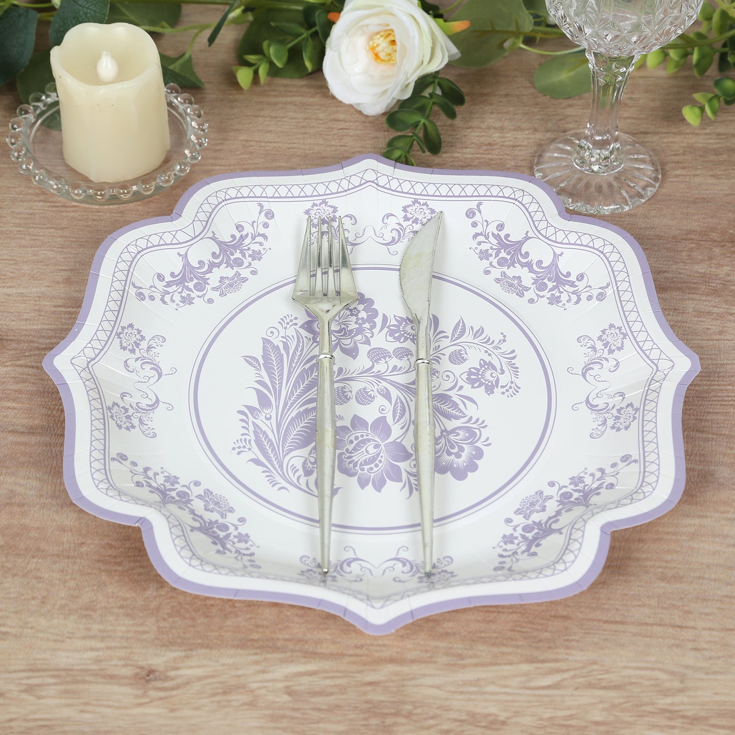 25 Pack White Lavender Lilac Disposable Salad Plates in French Toile Floral Pattern, 8" Round Appetizer Dessert Paper Plates with Scalloped Rims - 300 GSM