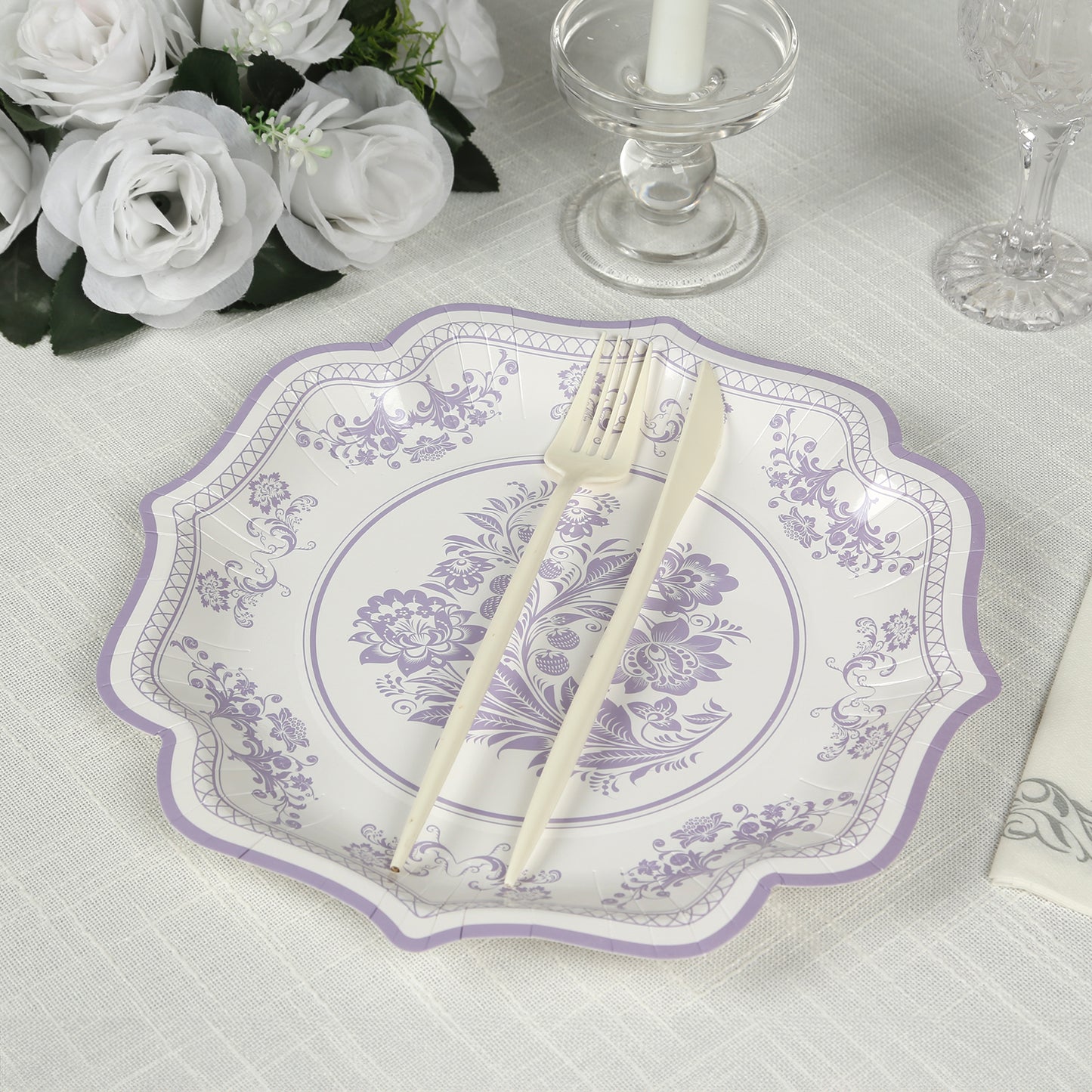 25 Pack White Lavender Lilac Disposable Salad Plates in French Toile Floral Pattern, 8" Round Appetizer Dessert Paper Plates with Scalloped Rims - 300 GSM