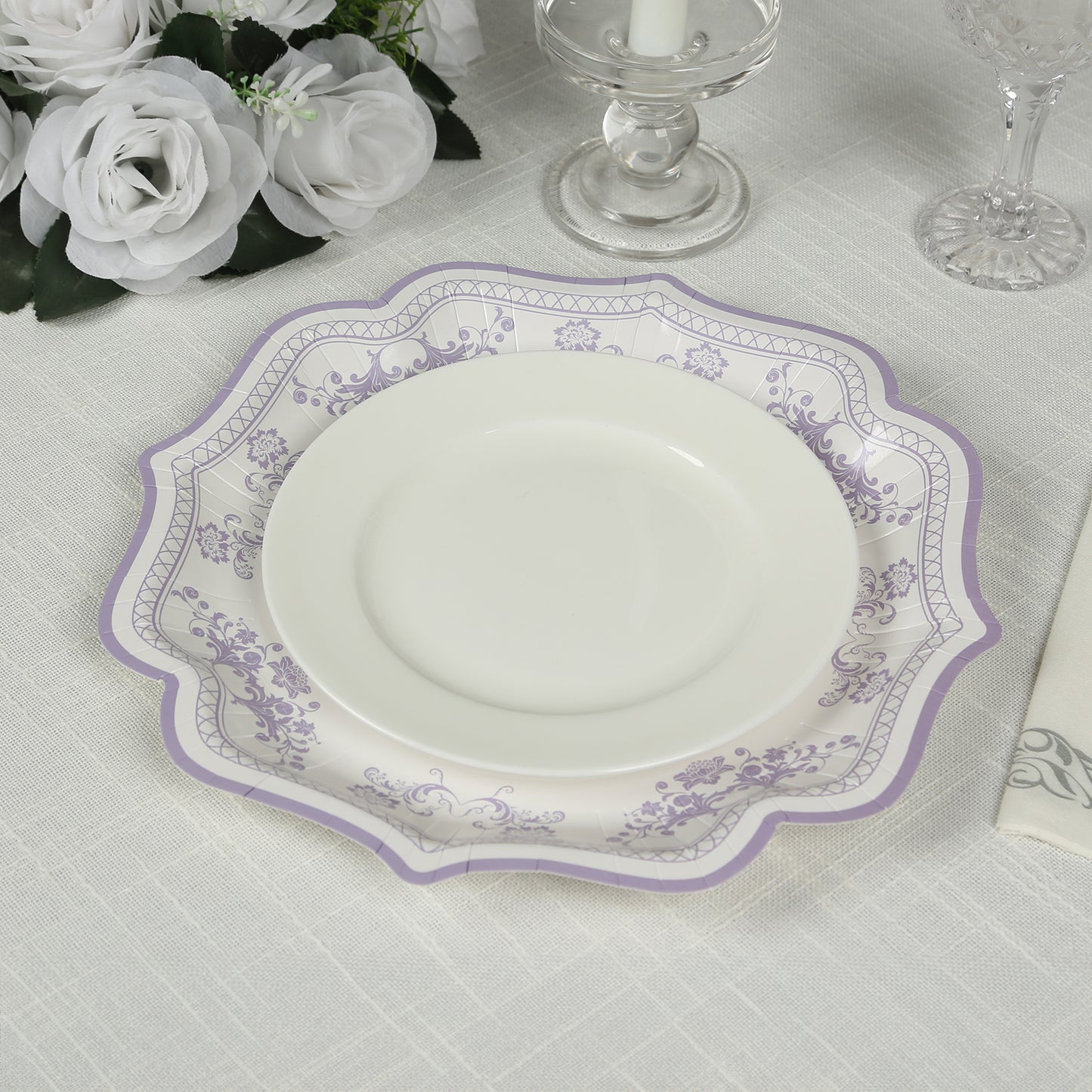 25 Pack White Lavender Lilac Disposable Salad Plates in French Toile Floral Pattern, 8" Round Appetizer Dessert Paper Plates with Scalloped Rims - 300 GSM