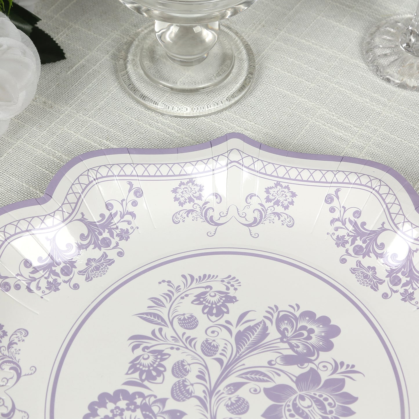 25 Pack White Lavender Lilac Disposable Salad Plates in French Toile Floral Pattern, 8" Round Appetizer Dessert Paper Plates with Scalloped Rims - 300 GSM