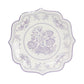 25 Pack White Lavender Lilac Disposable Salad Plates in Damask Floral Pattern, 8" Round Appetizer Dessert Paper Plates with Scalloped Rims - 300 GSM
