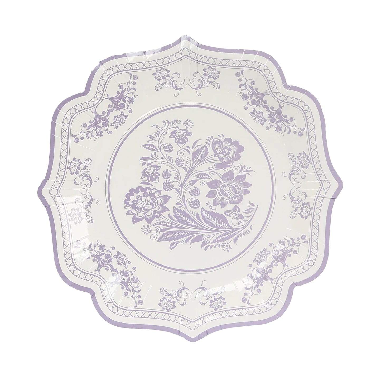 25 Pack White Lavender Lilac Disposable Salad Plates in French Toile Floral Pattern, 8" Round Appetizer Dessert Paper Plates with Scalloped Rims - 300 GSM