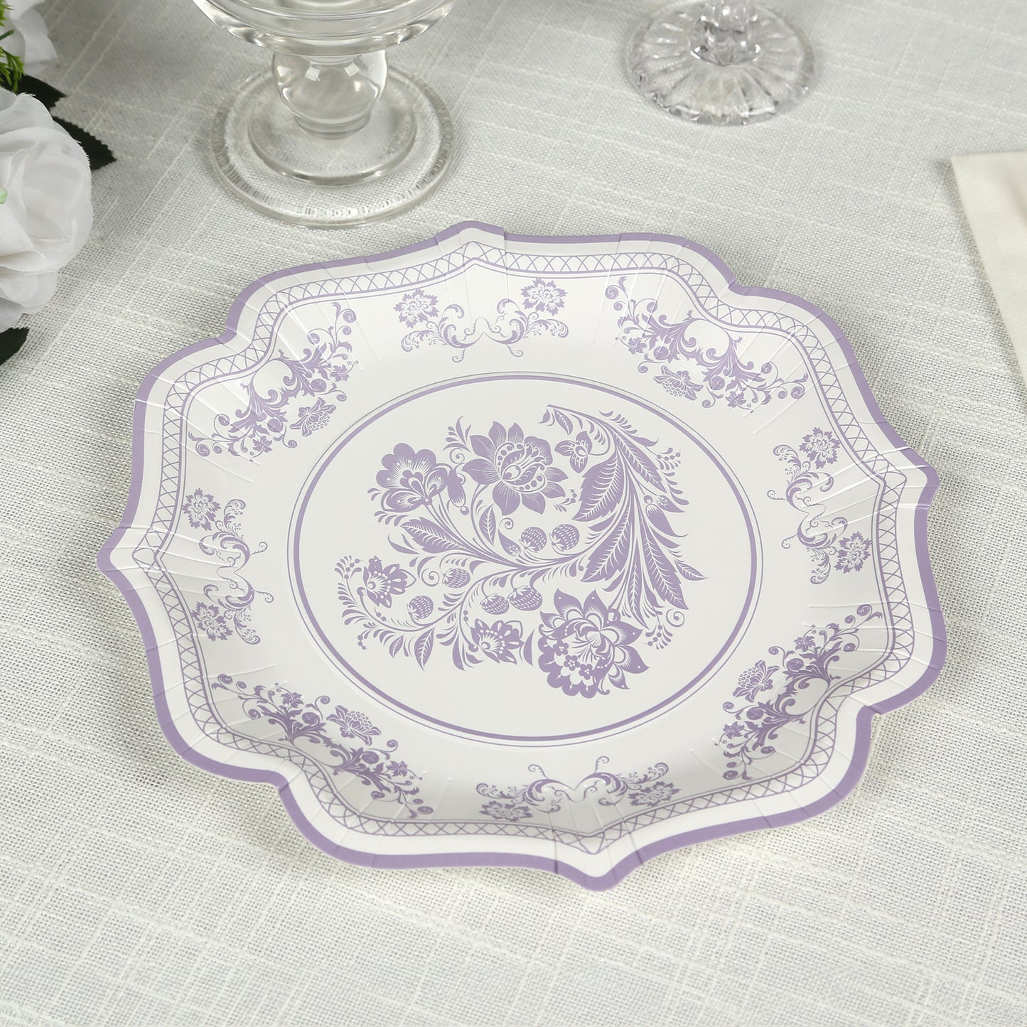 25 Pack White Lavender Lilac Disposable Salad Plates in French Toile Floral Pattern, 8" Round Appetizer Dessert Paper Plates with Scalloped Rims - 300 GSM