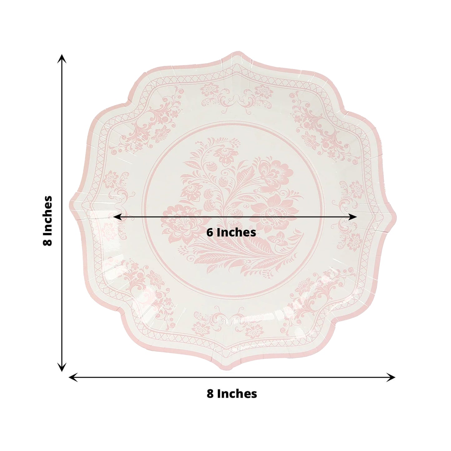 25 Pack White Pink Disposable Salad Plates in French Toile Floral Pattern, 8" Round Appetizer Dessert Paper Plates with Scalloped Rims - 300 GSM